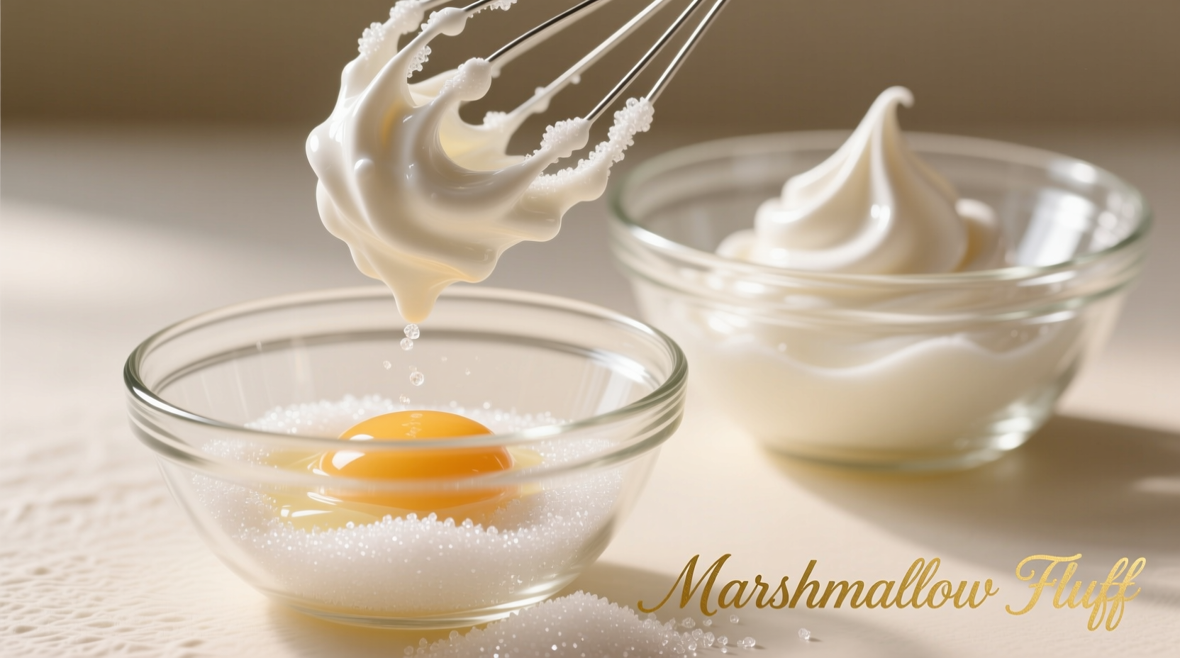 Fresh egg whites and sugar in glass bowls for marshmallow fluff
