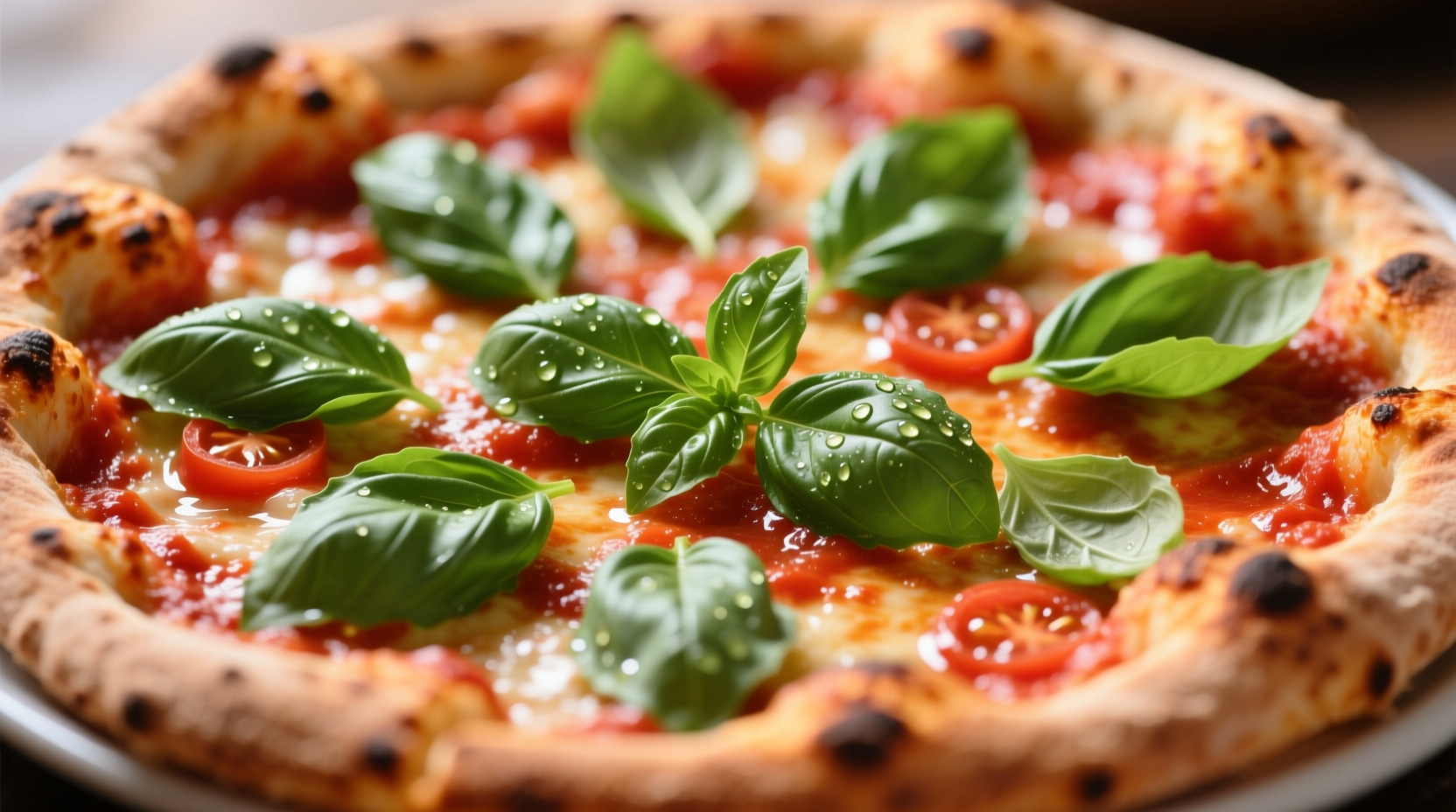 Fresh basil leaves on tomato sauce pizza