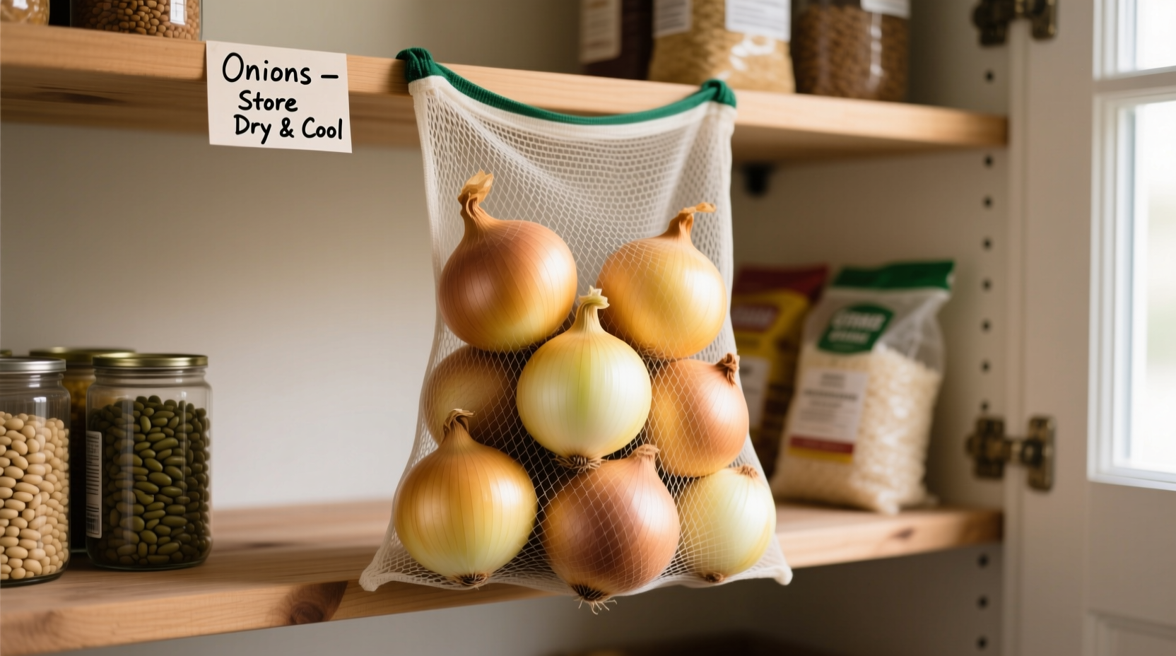 Proper onion storage in mesh bag in pantry