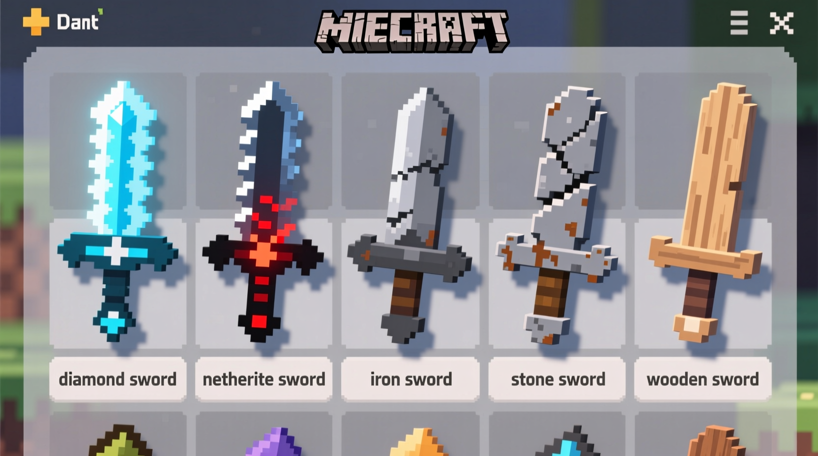 Different sword types in Minecraft inventory