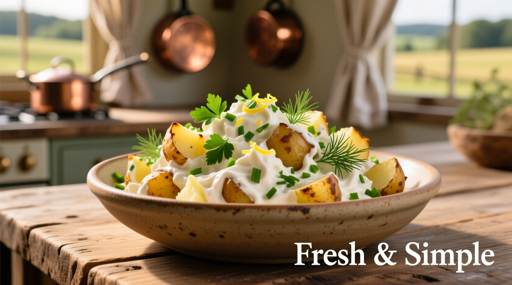 Creamy smashed potato salad with fresh herbs