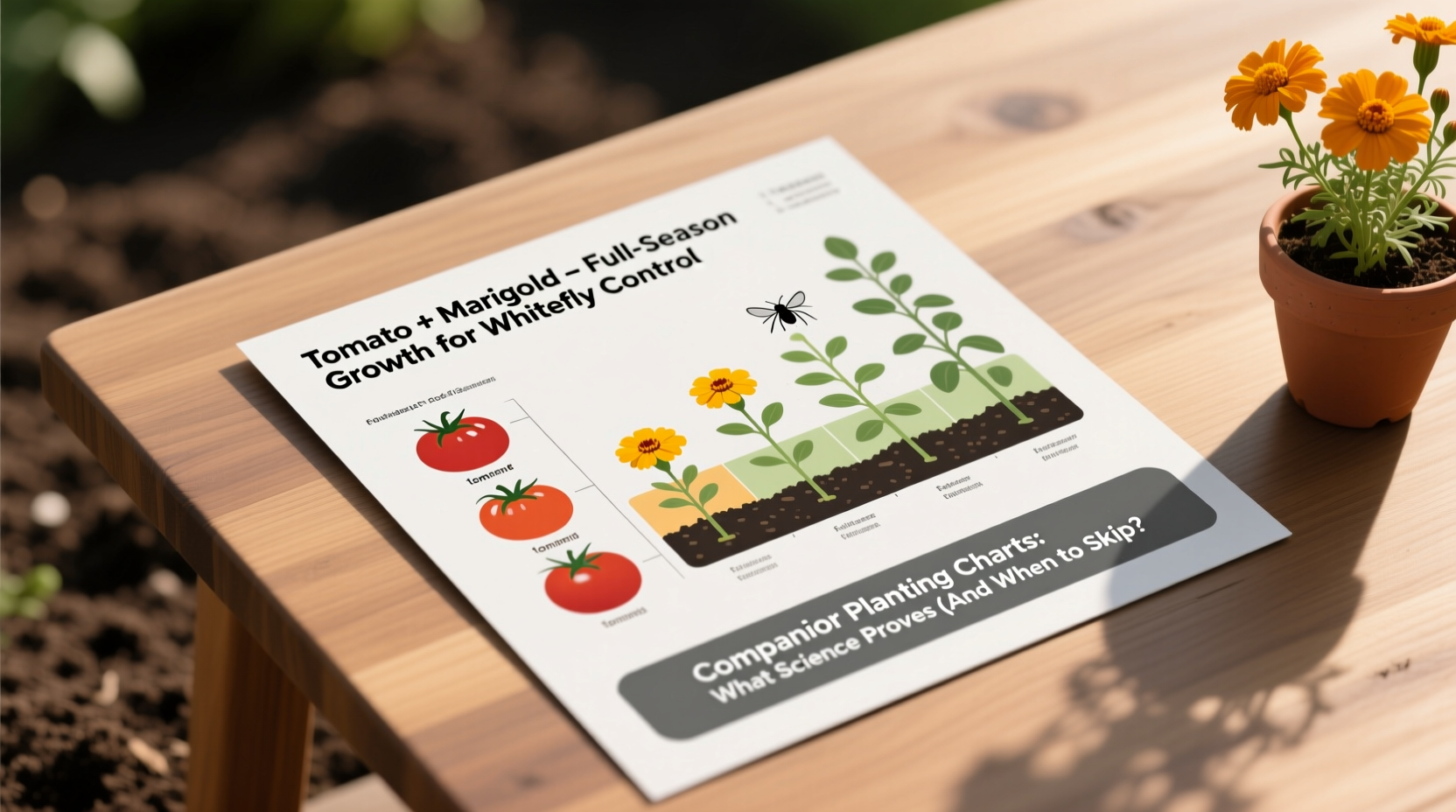 Spring planting season - tomato and marigold pairing - requires full-season growth for whitefly control - companion gardening chart limitations