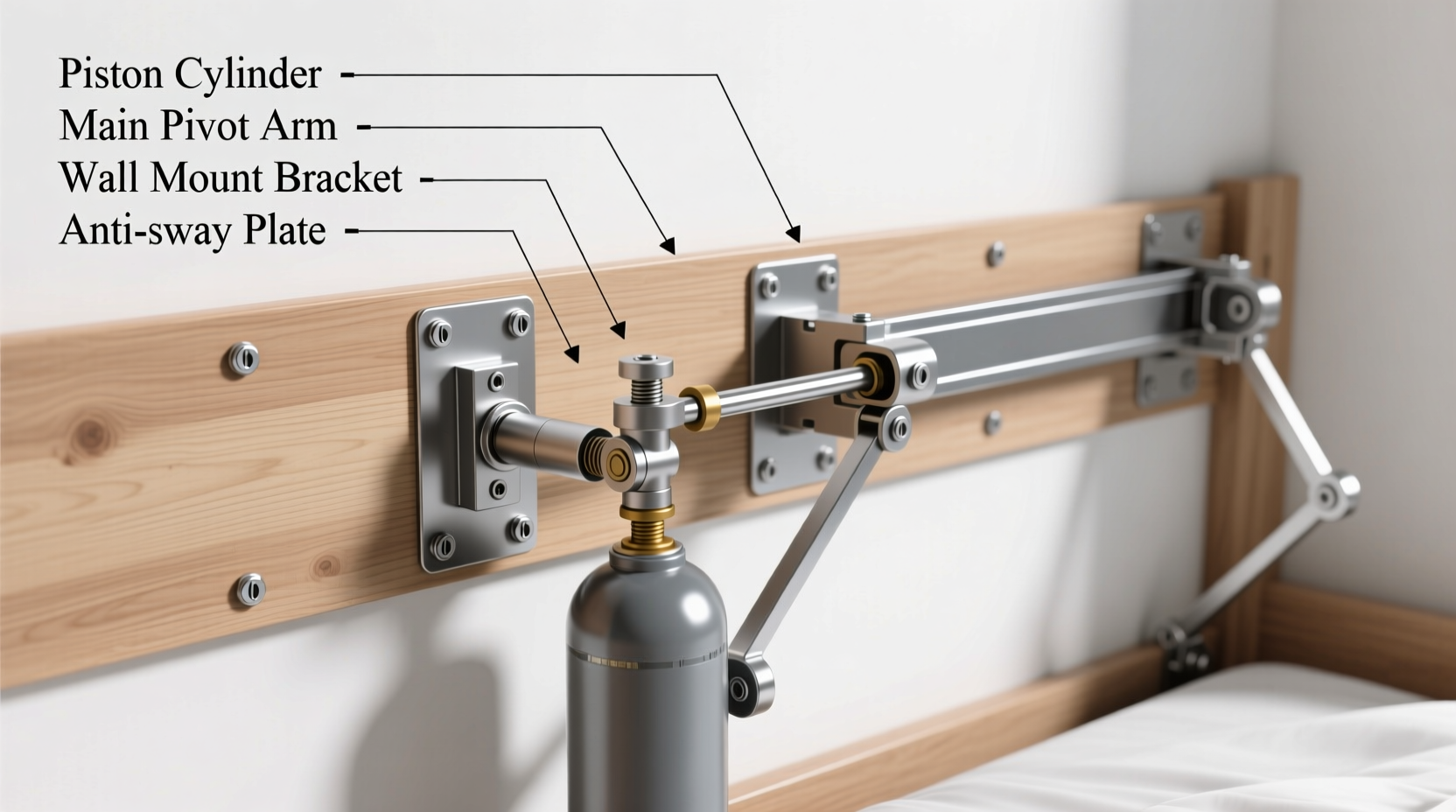 Murphy bed hardware installation showing piston mechanism and wall brackets