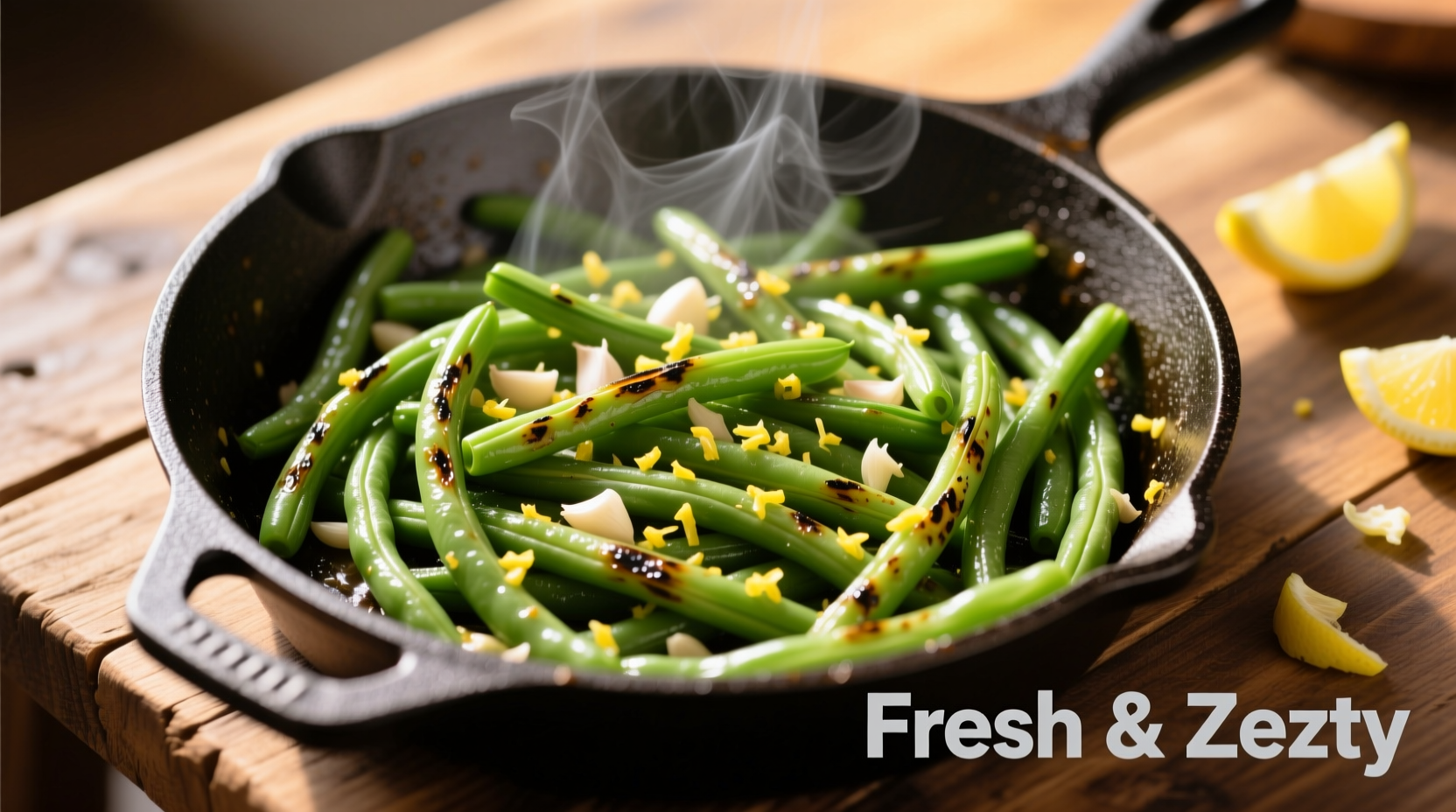 Perfectly cooked garlic lemon green beans in skillet