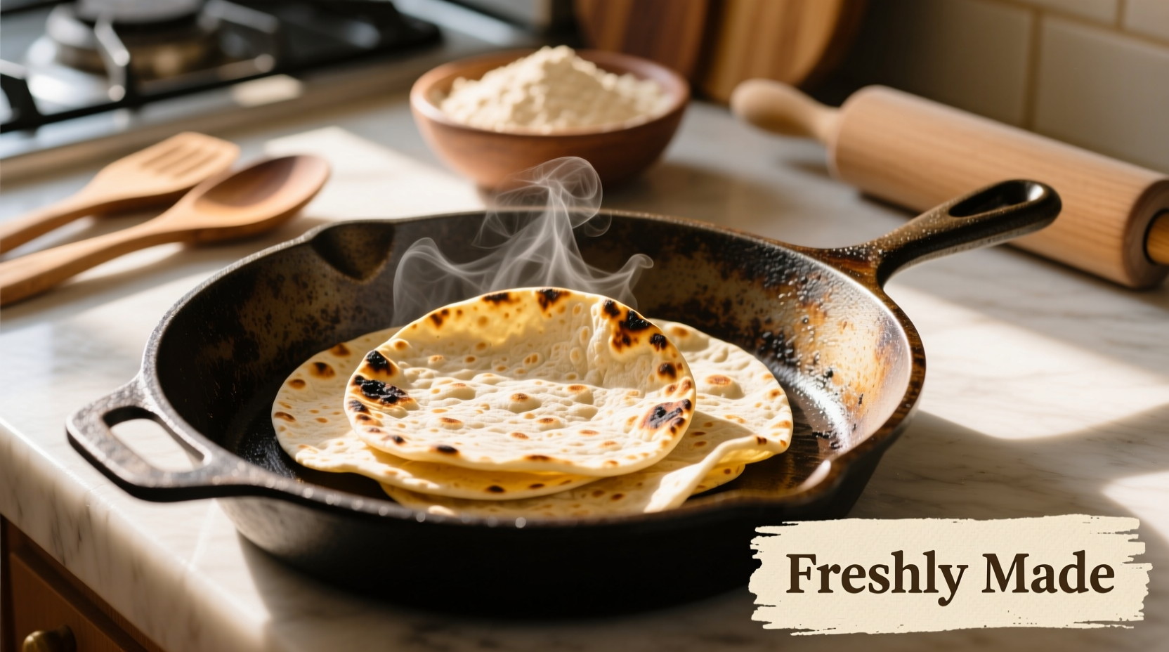 Handmade corn tortillas on cast iron skillet