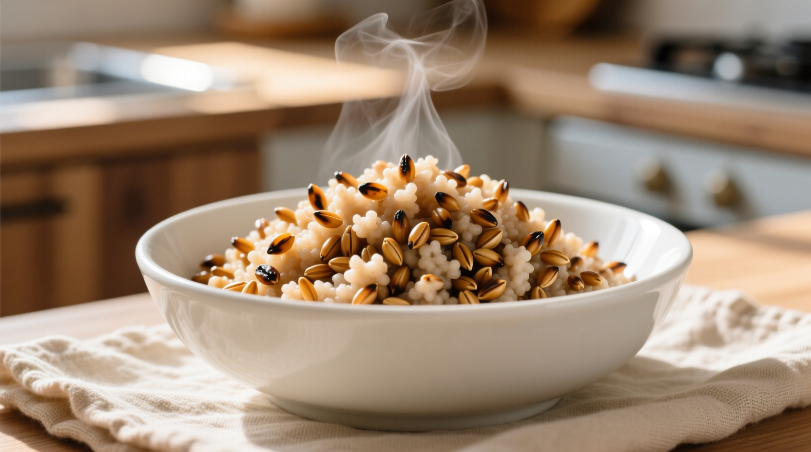 Perfectly cooked fluffy buckwheat in a white bowl