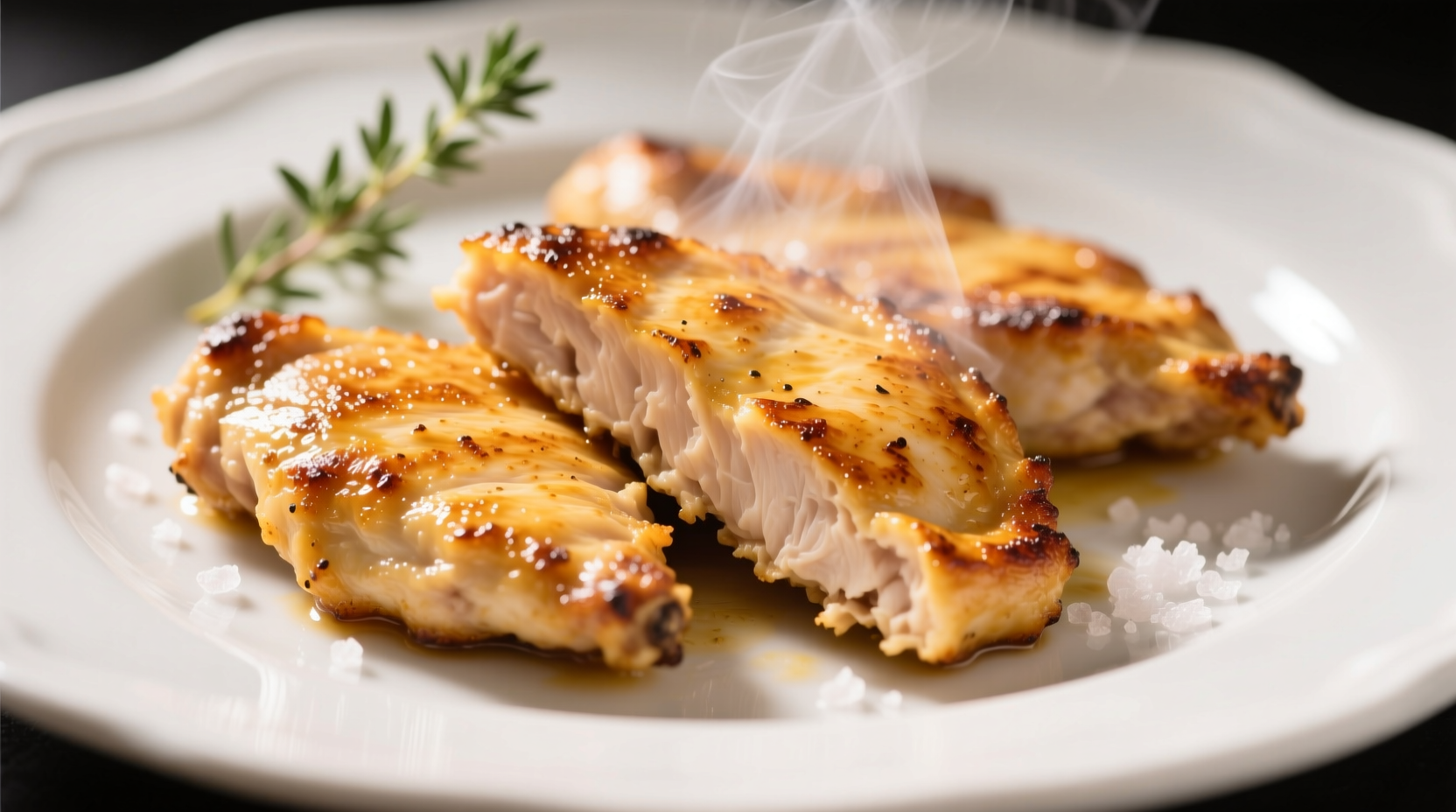 Perfectly cooked golden chicken cutlets on white plate