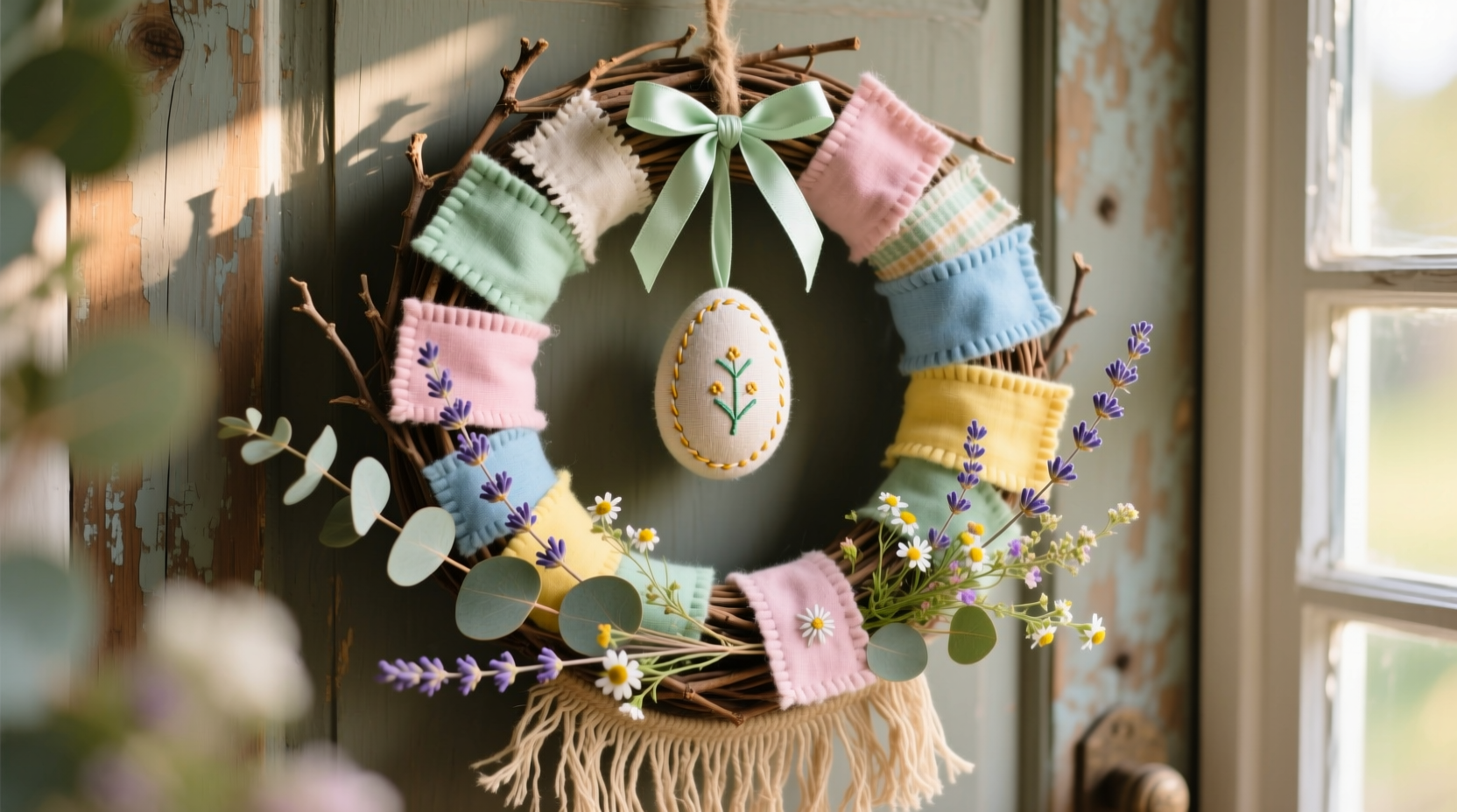 Easter wreath made from recycled fabric scraps and natural elements