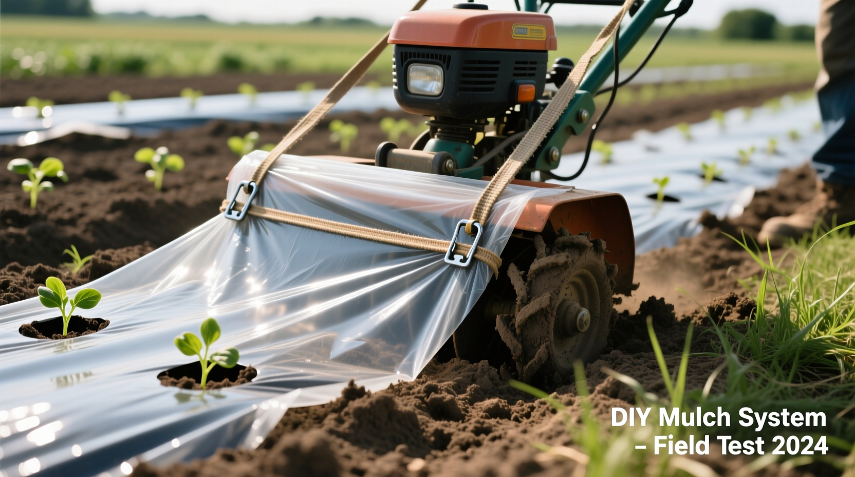 DIY plastic mulch layer attached to garden tiller in field