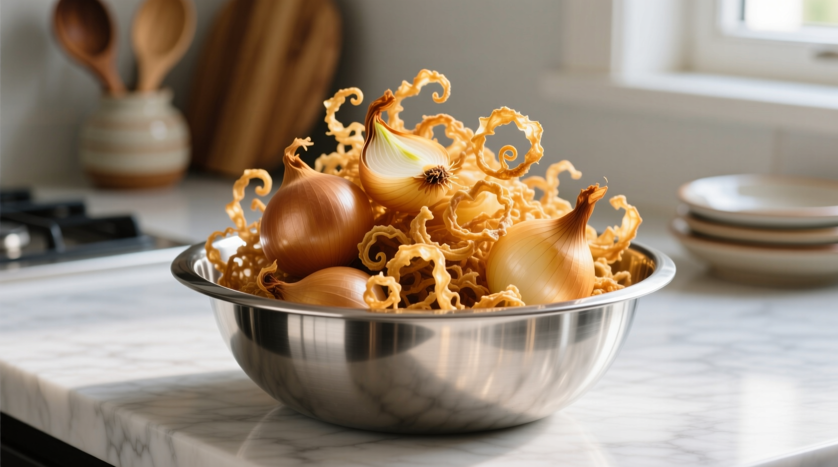 Golden crispy frizzled onions in a stainless steel bowl