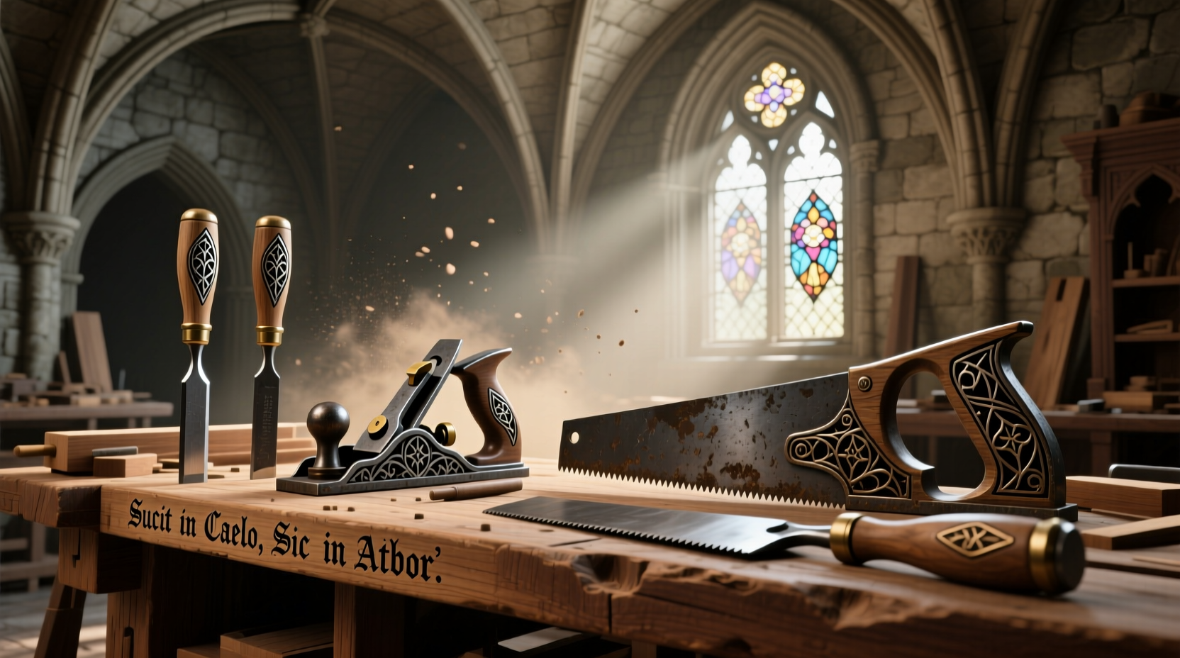 Woodworking tools for gothic cabinet construction