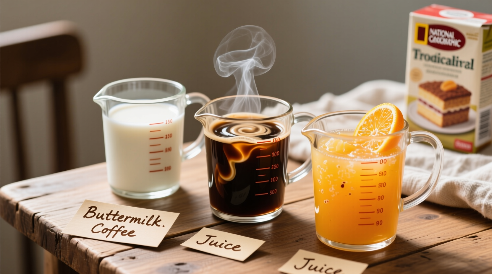 Buttermilk, coffee, and juice alternatives for cake mix liquids