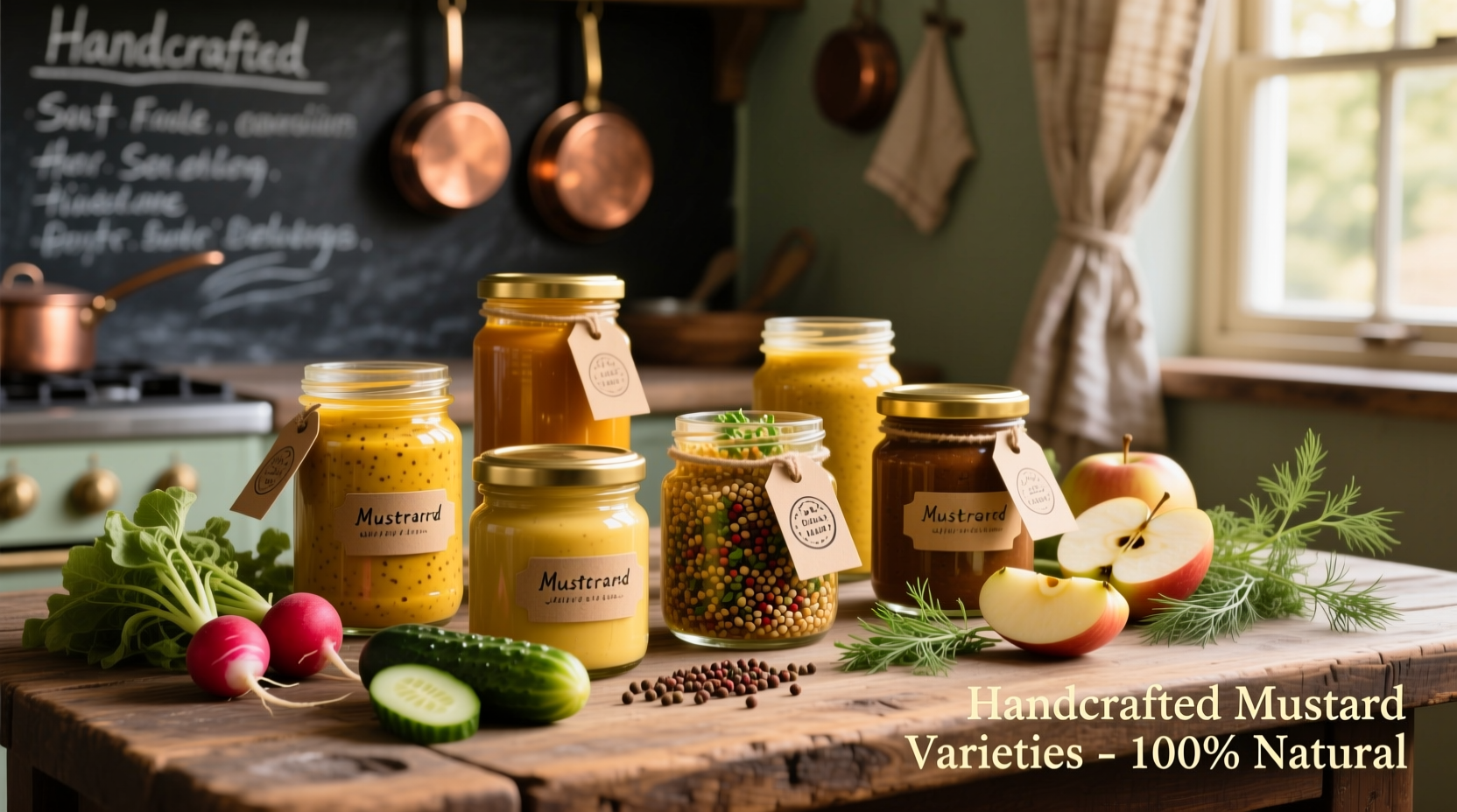 Mustard sauce varieties in glass jars with fresh ingredients