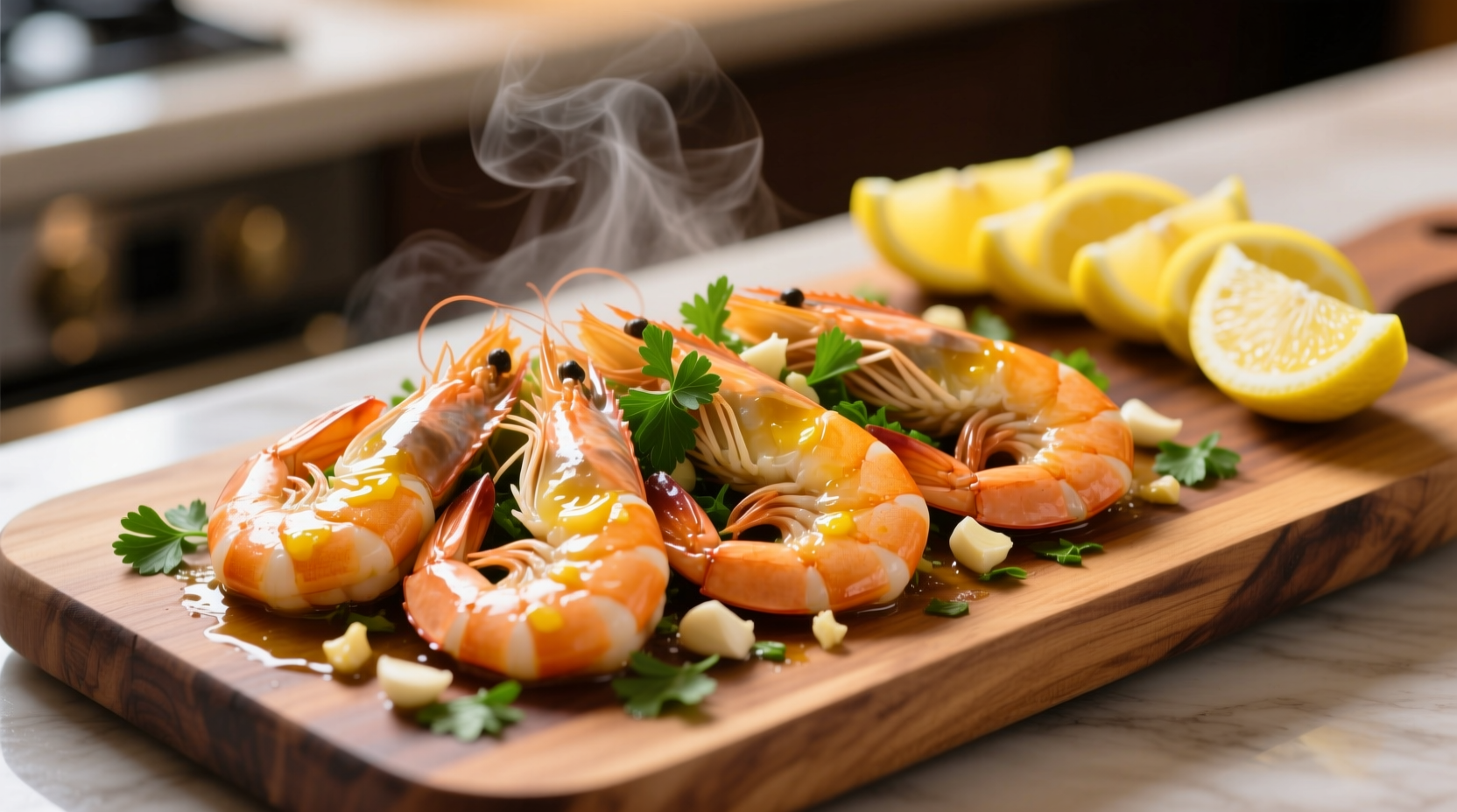 Fresh garlic shrimp served with lemon wedges and parsley