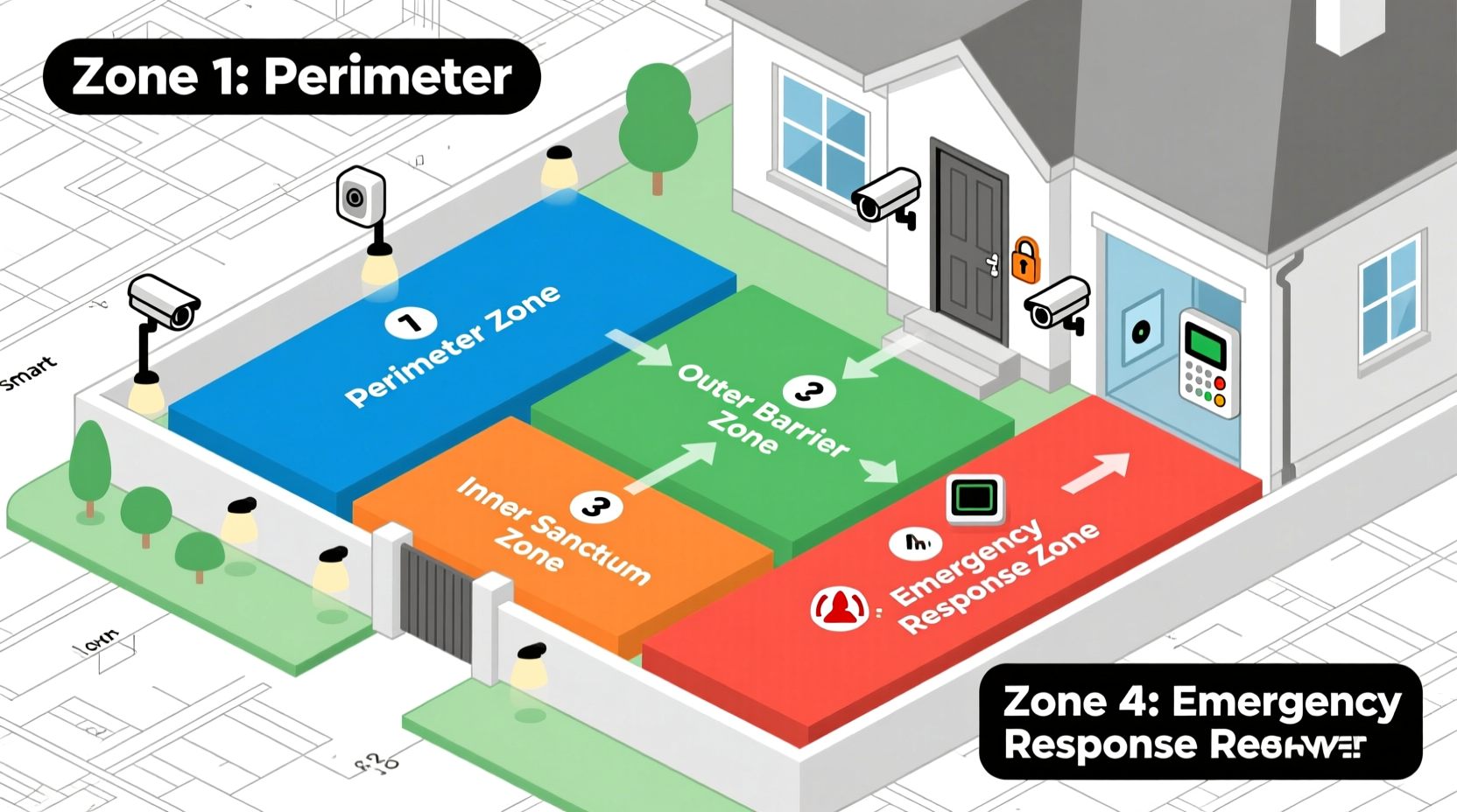 DIY home security layered defense diagram showing four protection zones