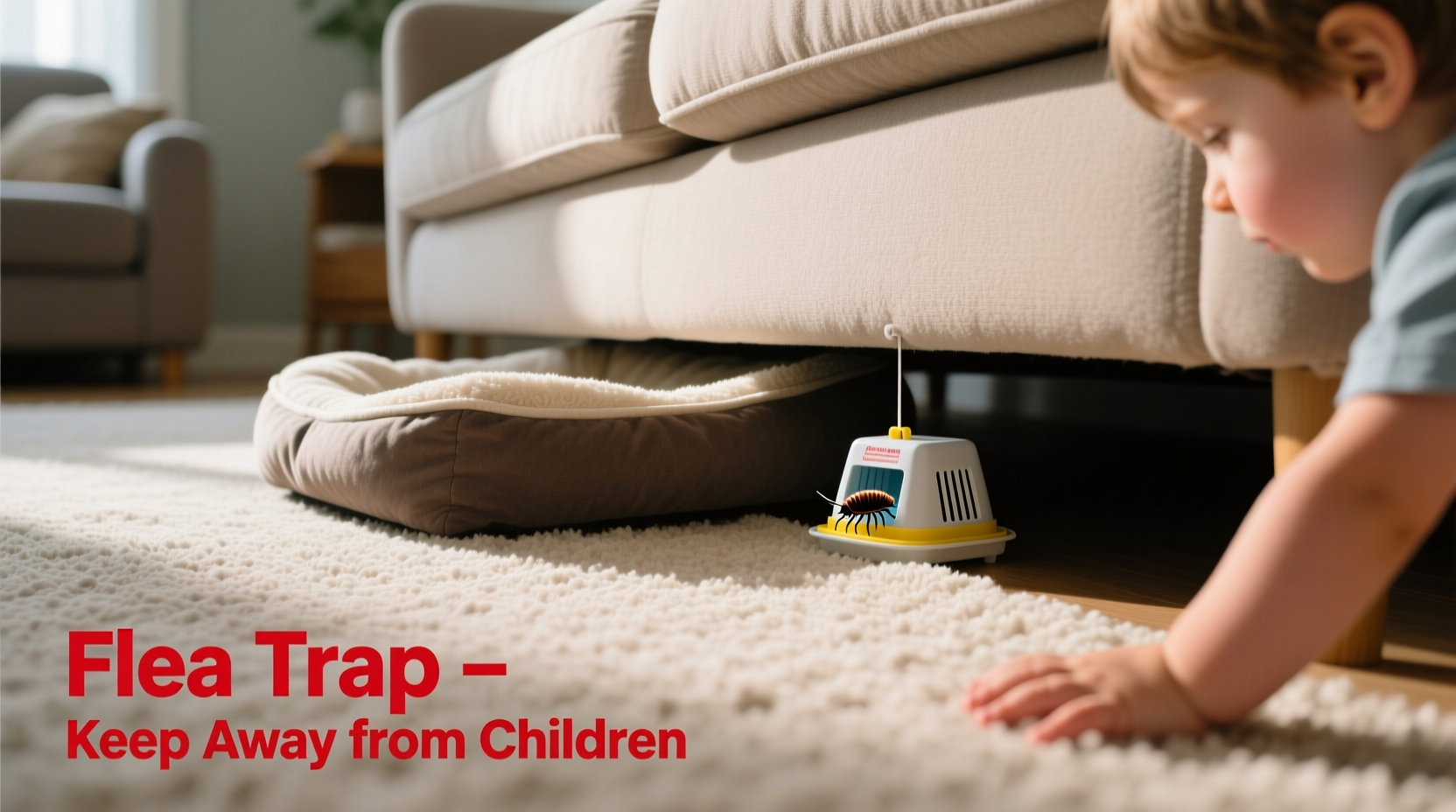 Safe placement of flea trap under pet bed away from children