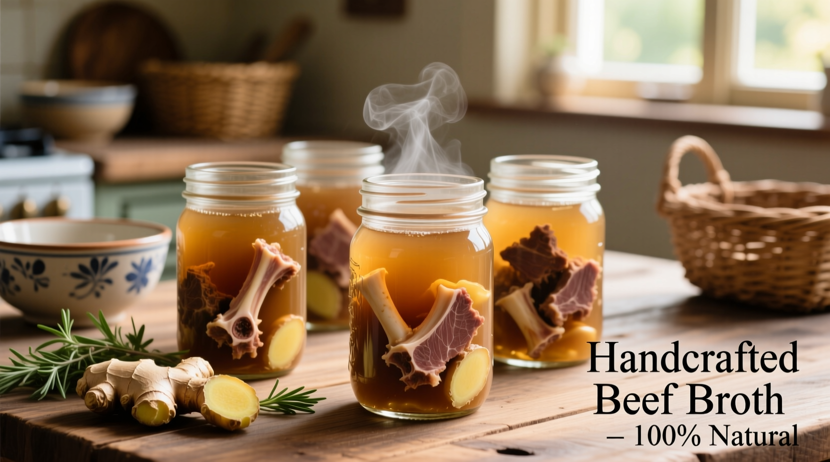 Clear homemade beef broth in mason jars