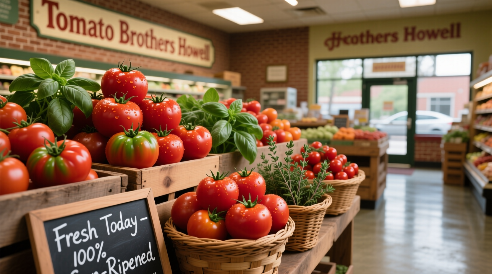 Fresh tomato display at Tomato Brothers Howell grocery store