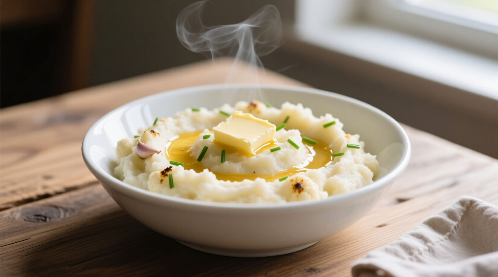 Creamy cauliflower potato mash in white bowl