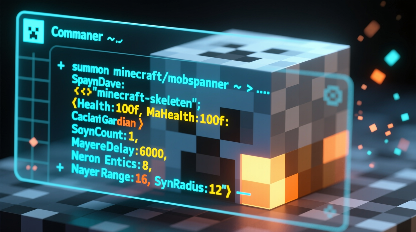 Minecraft command block interface showing spawner command syntax