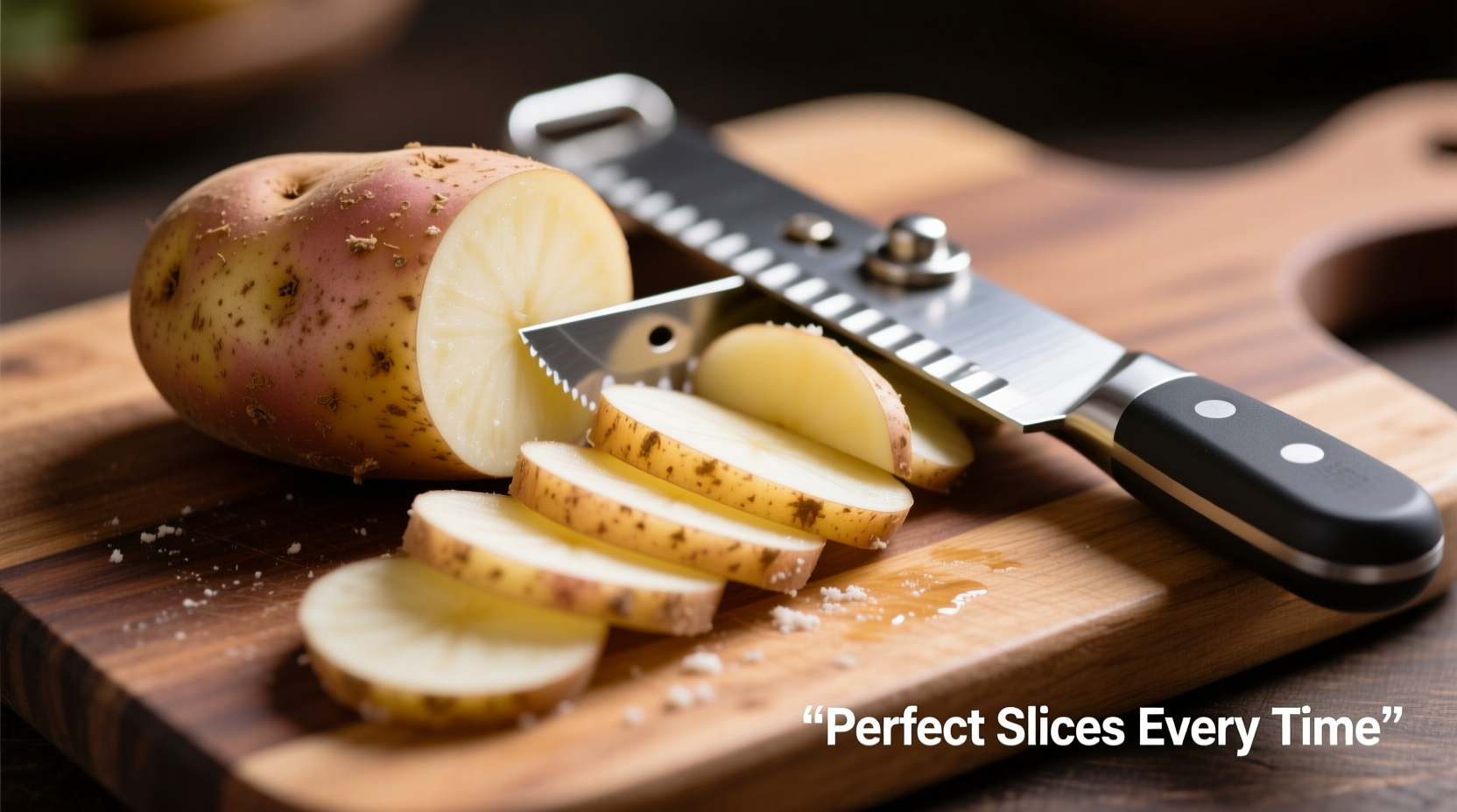 Russet potatoes on cutting board with mandoline