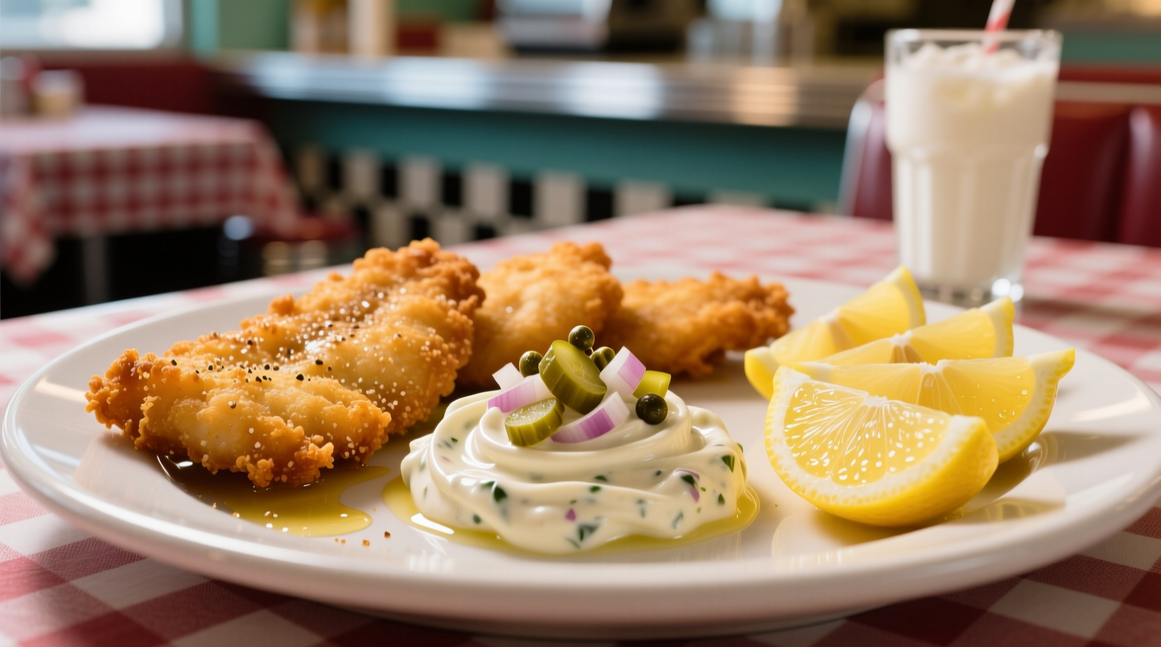 Tartar sauce served with crispy fish and lemon wedges