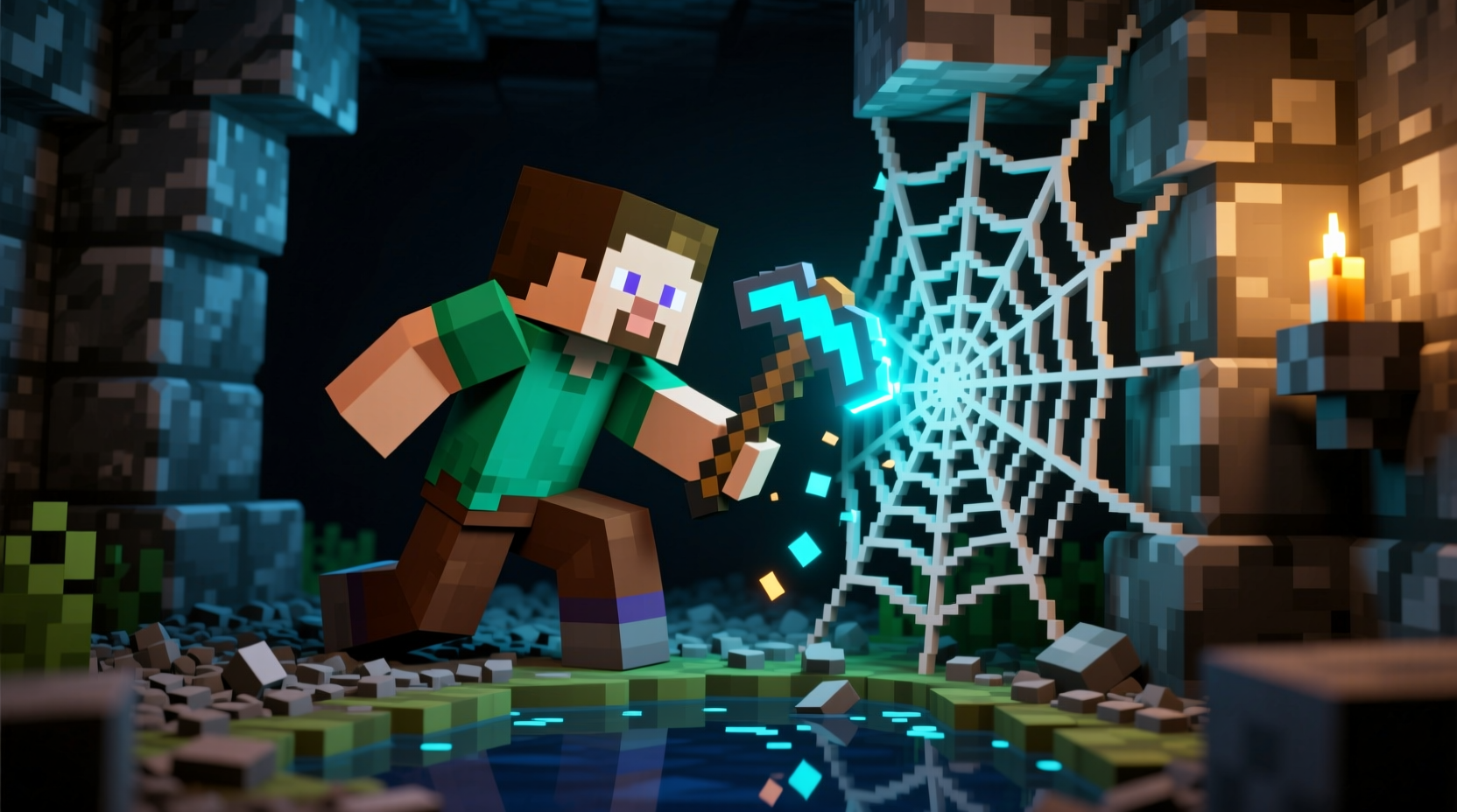 Minecraft player mining cobweb with Silk Touch pickaxe