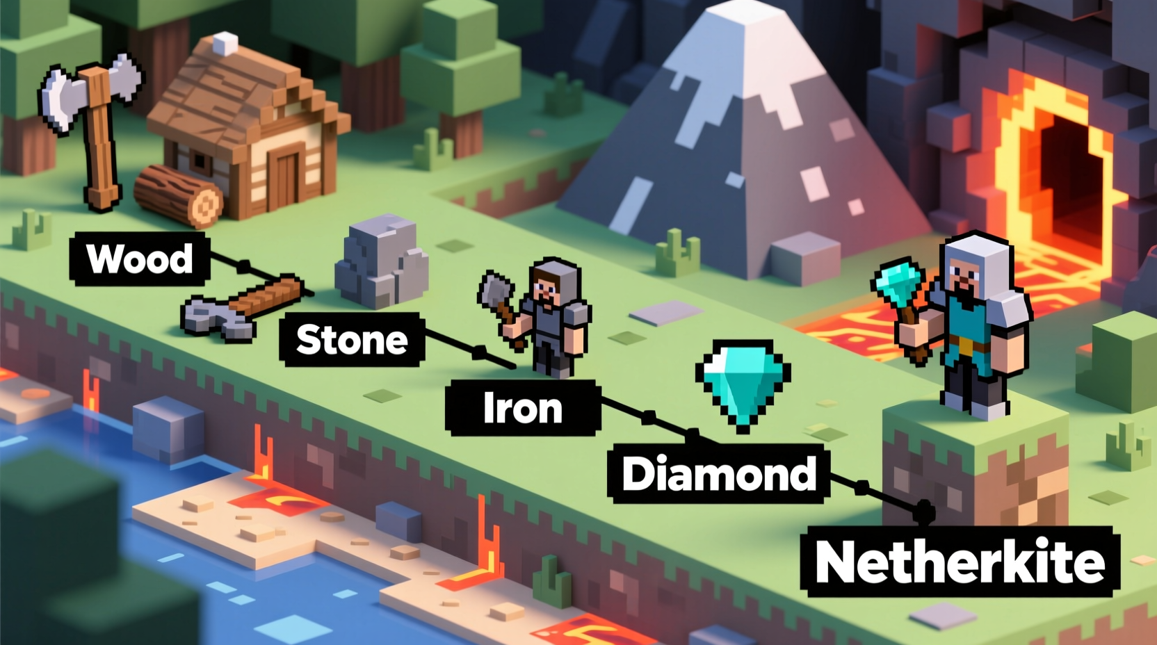 Minecraft progression timeline from wood to netherite