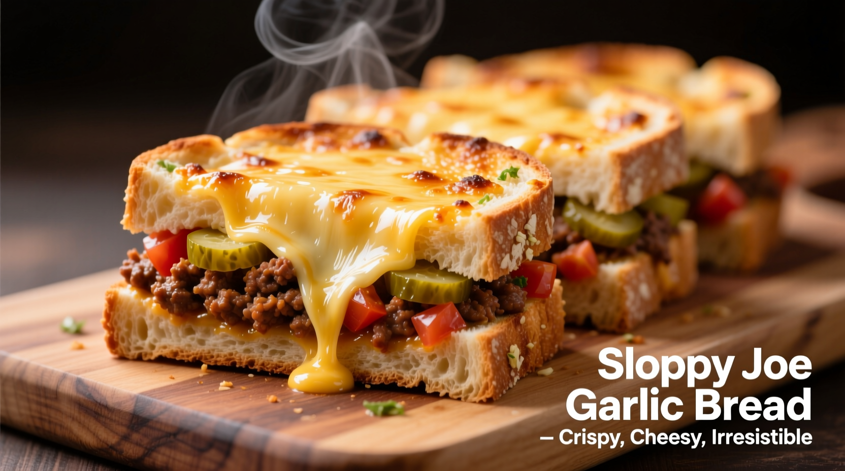 Sliced sloppy joe garlic bread with melted cheese