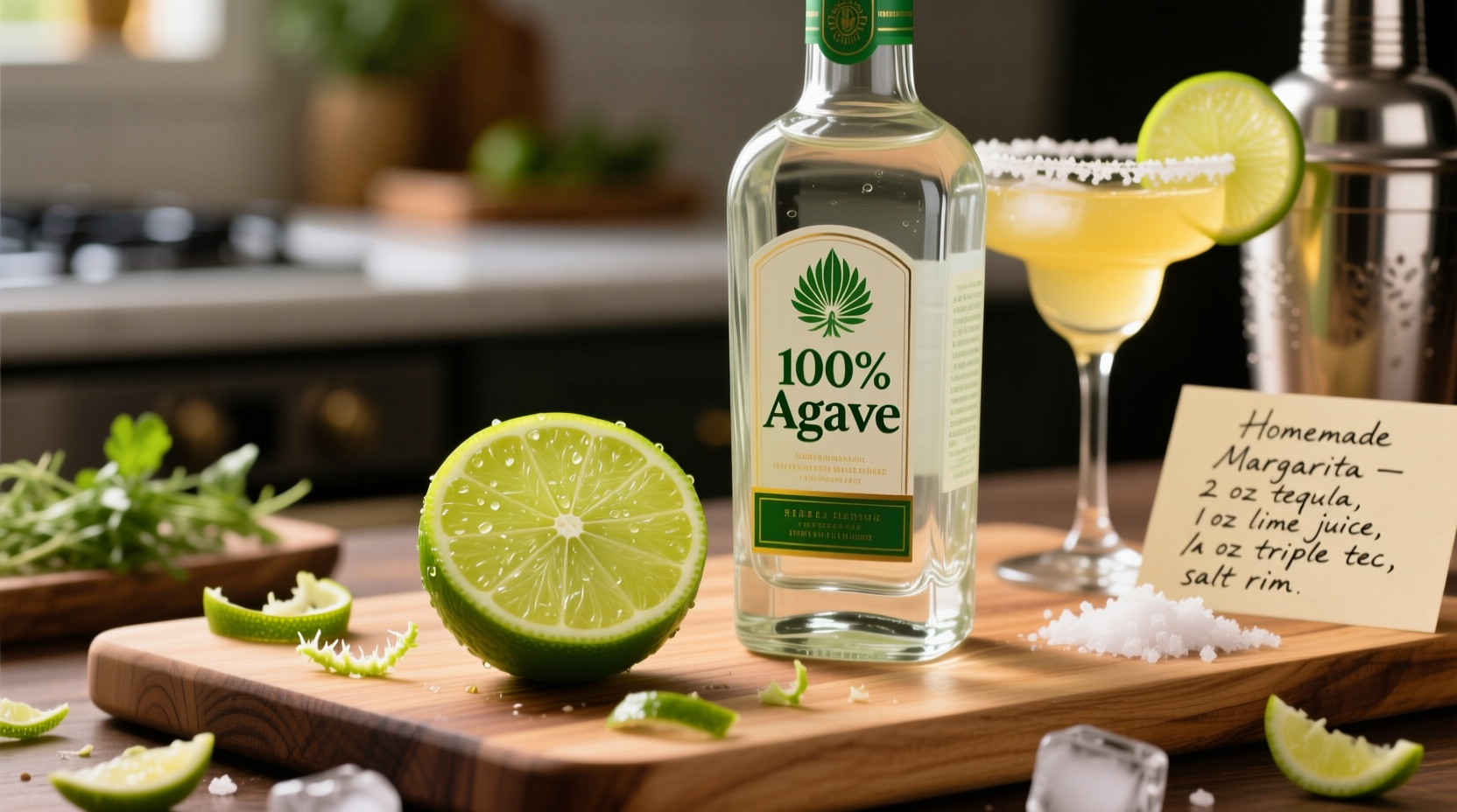 Fresh limes and tequila bottle for homemade margarita recipe