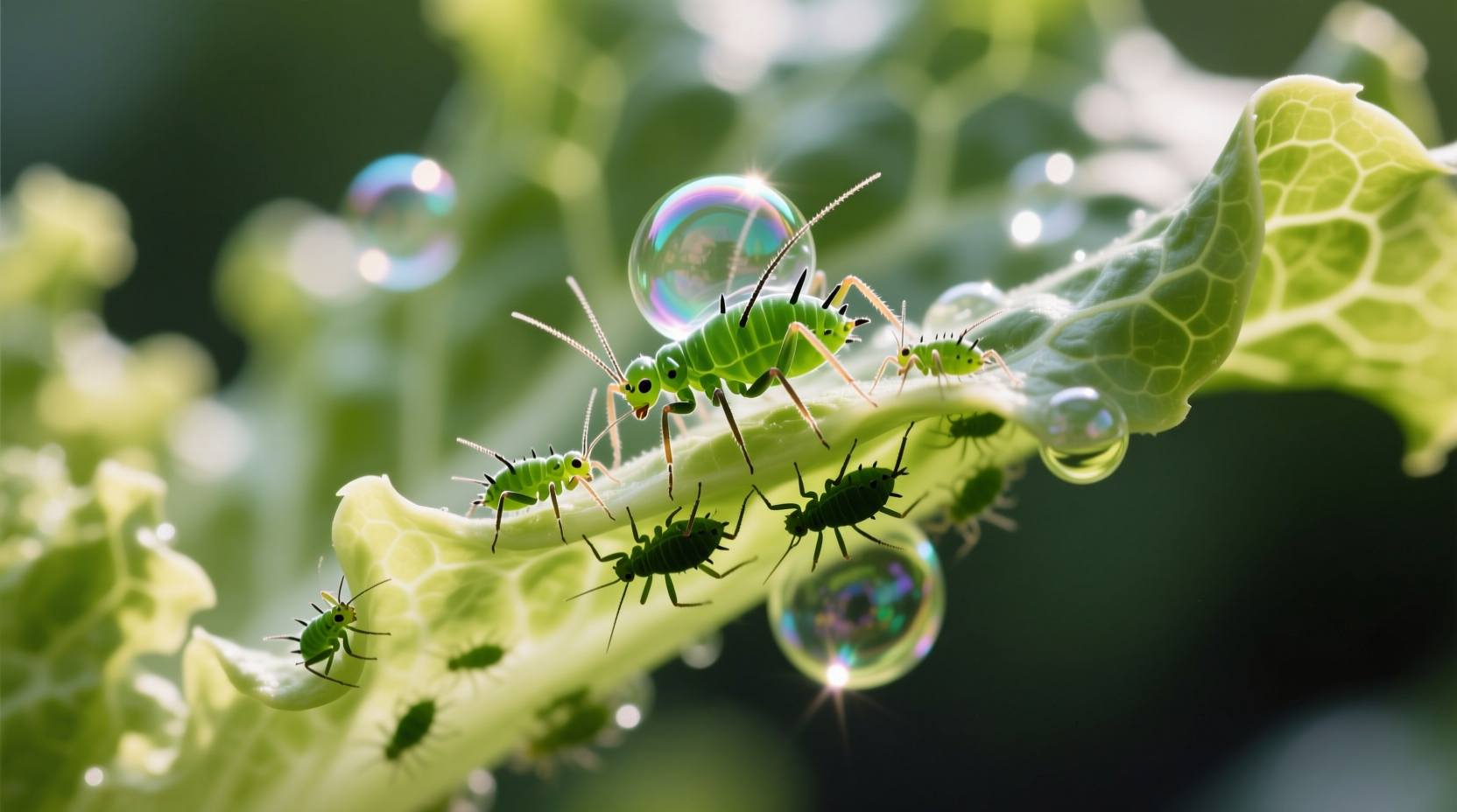 Close-up of aphids being sprayed with homemade soap solution