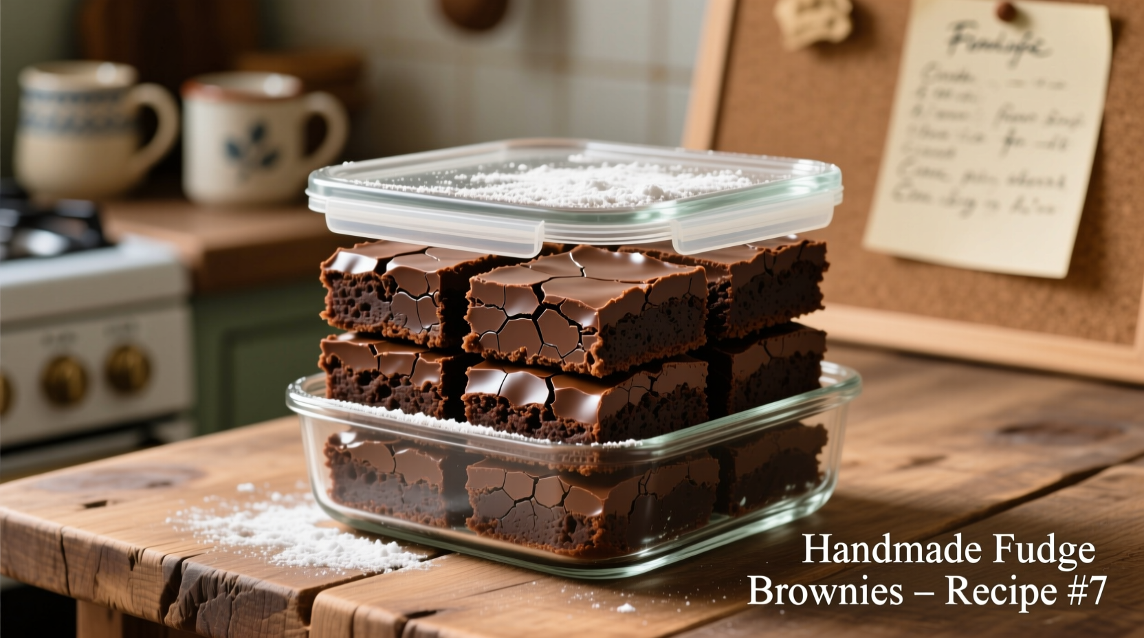 Sliced homemade fudge brownies stored in airtight container