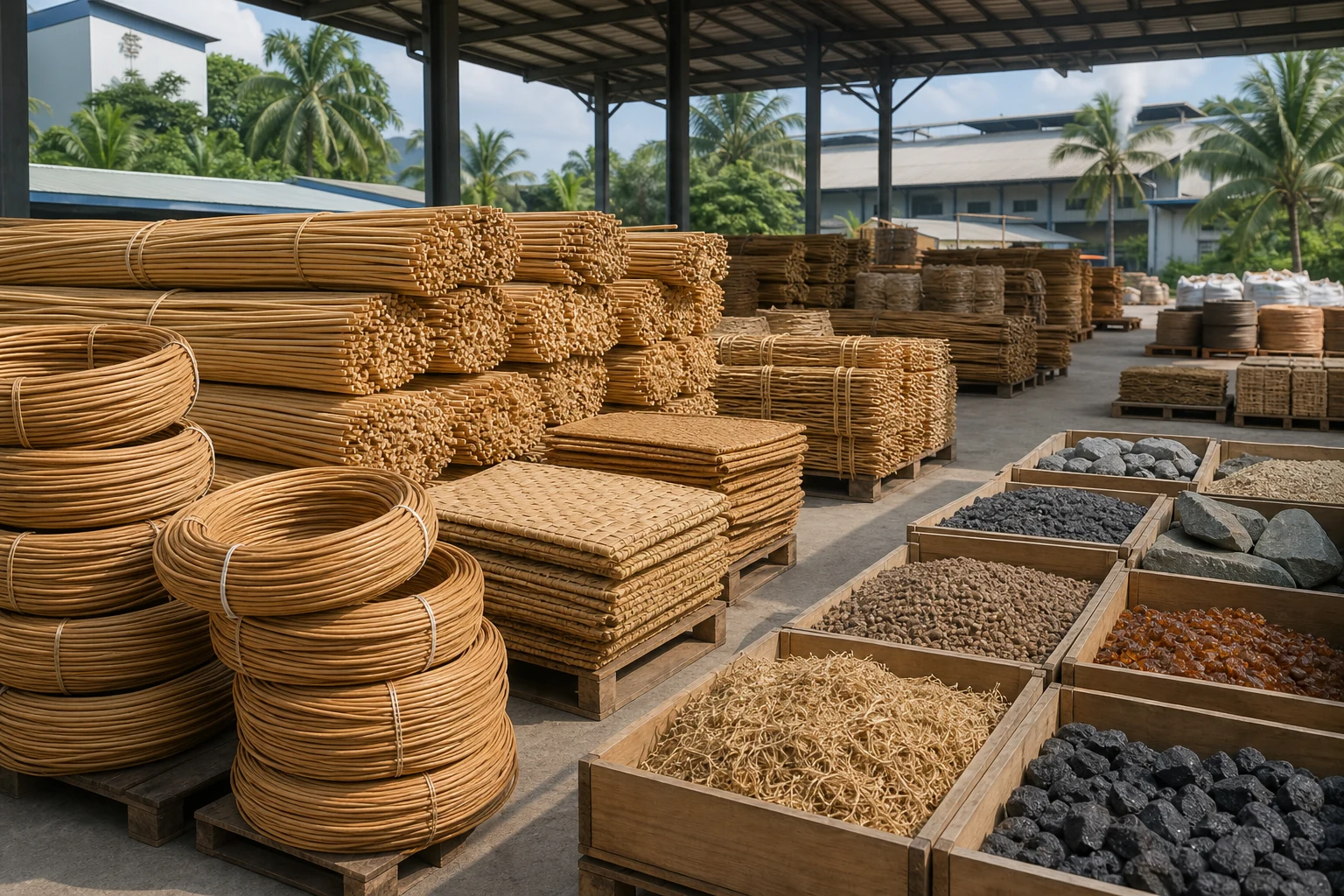 Illustrative rattan mineral and plant-based inputs arranged for industrial sourcing