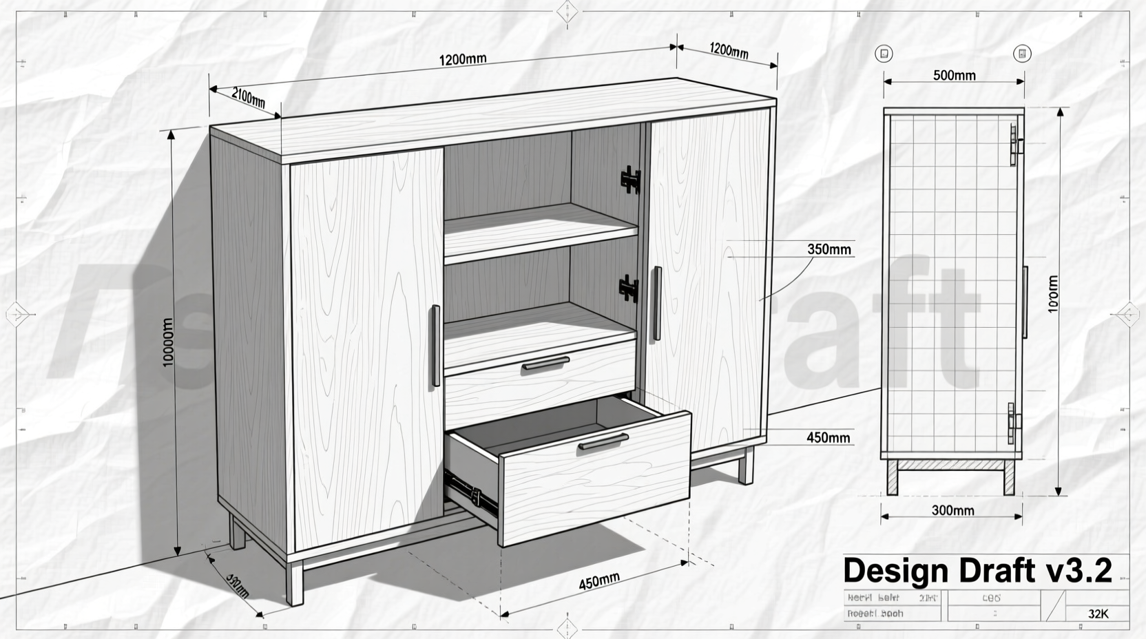 Cabinet design blueprint with measurements