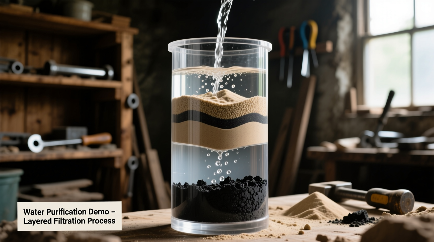 Layered sand and charcoal water filter demonstration