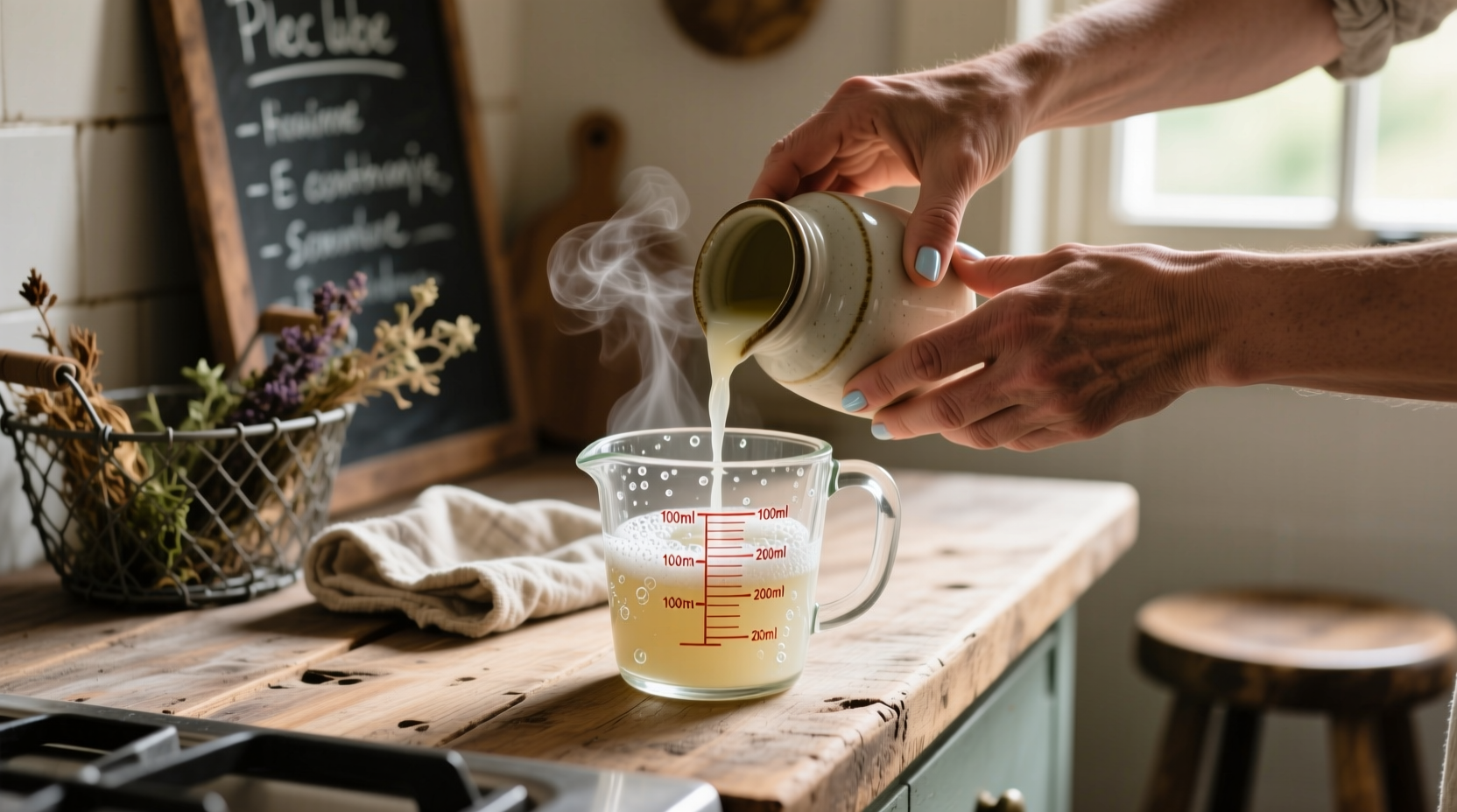 Hand pouring homemade detergent into glass measuring cup
