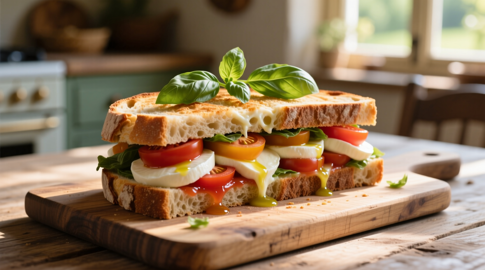 Fresh tomato and mozzarella sandwich on rustic bread