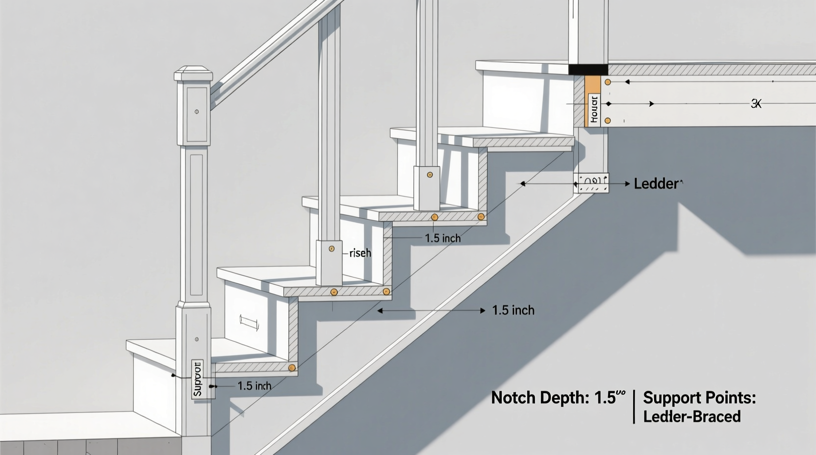 Properly cut stair stringers showing correct notch depth and support points