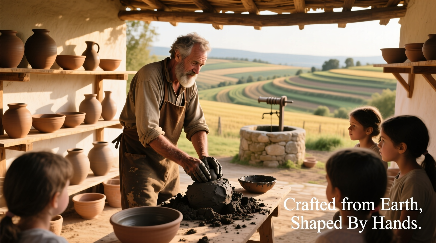 Farmer teaching pottery workshop using locally sourced clay