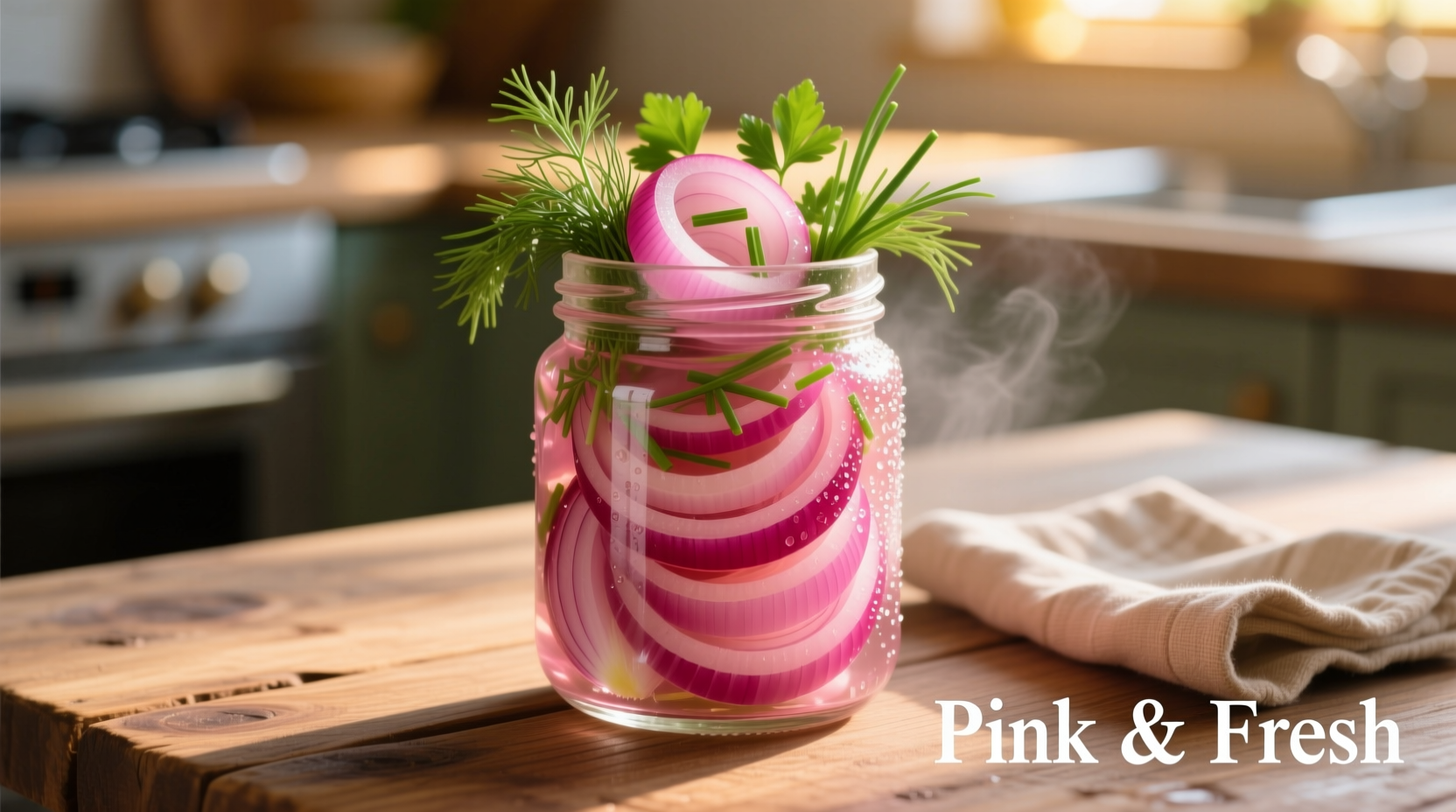 Vibrant pink pickled onions in glass jar with fresh herbs