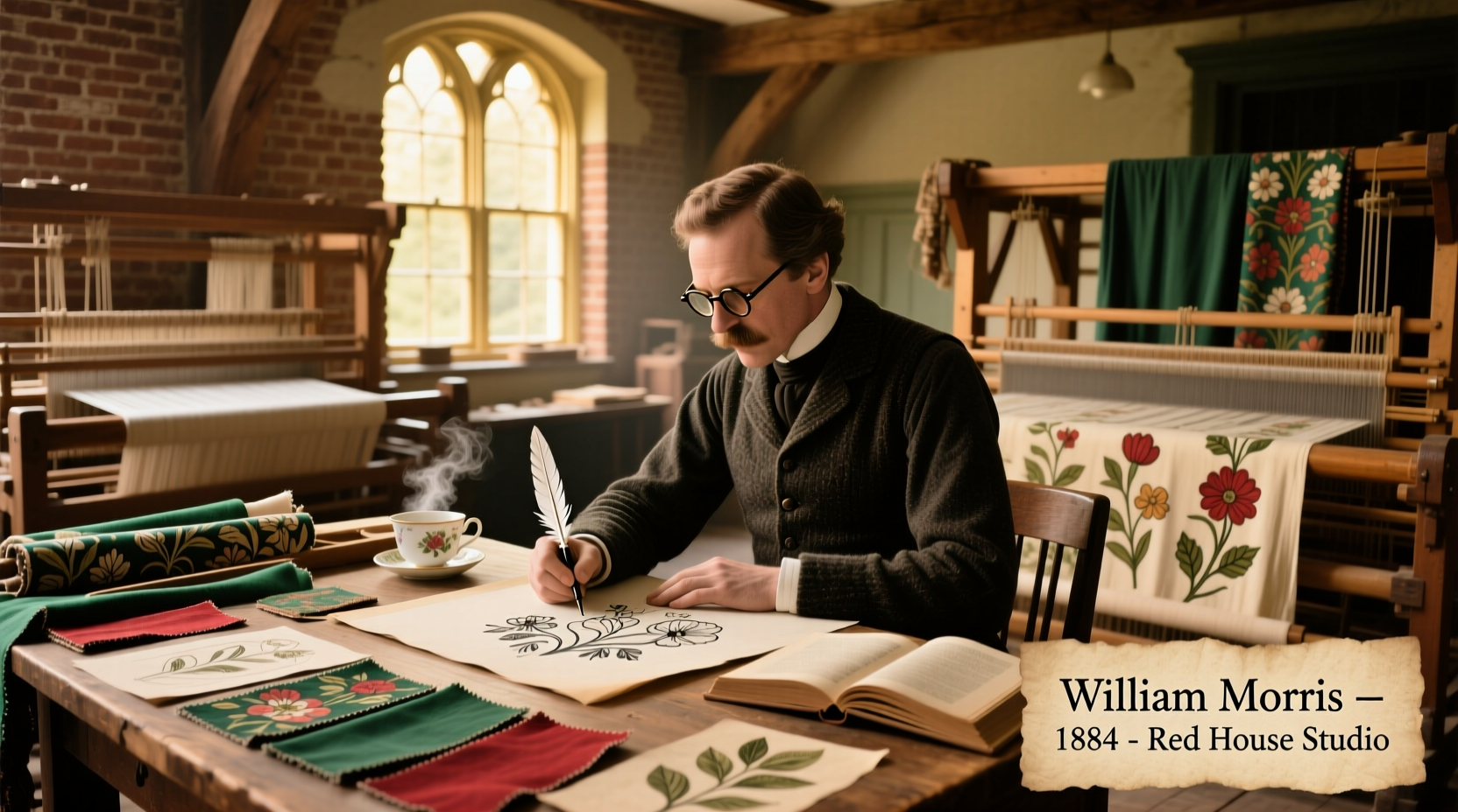 Historical photo of William Morris designing textiles in 1880s workshop