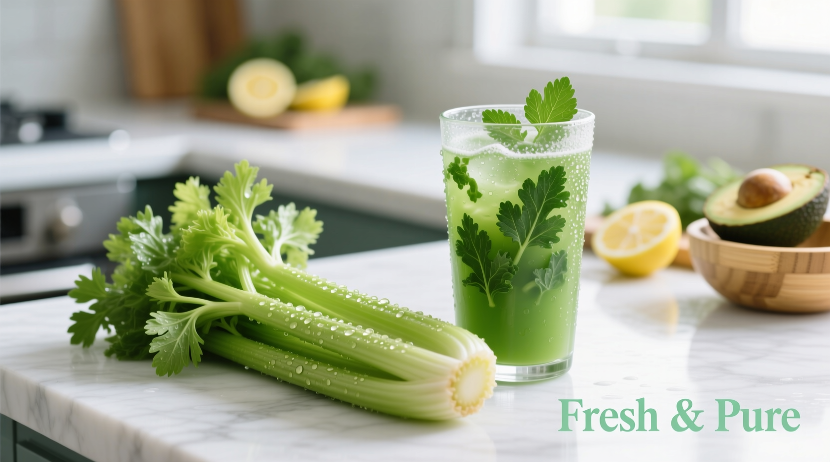 Fresh celery stalks and glass of green juice