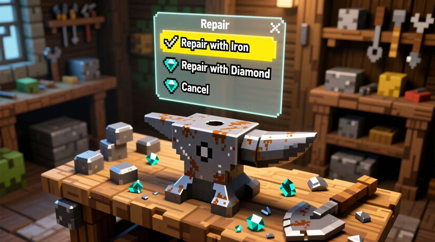 Minecraft anvil interface showing spade repair options