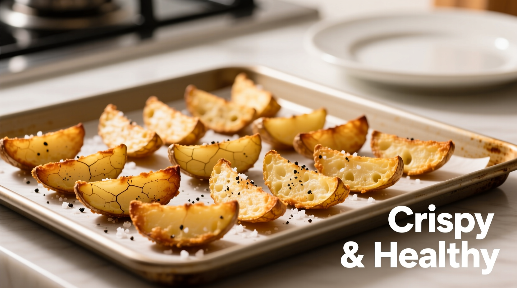 Golden air fried potato wedges with crispy edges