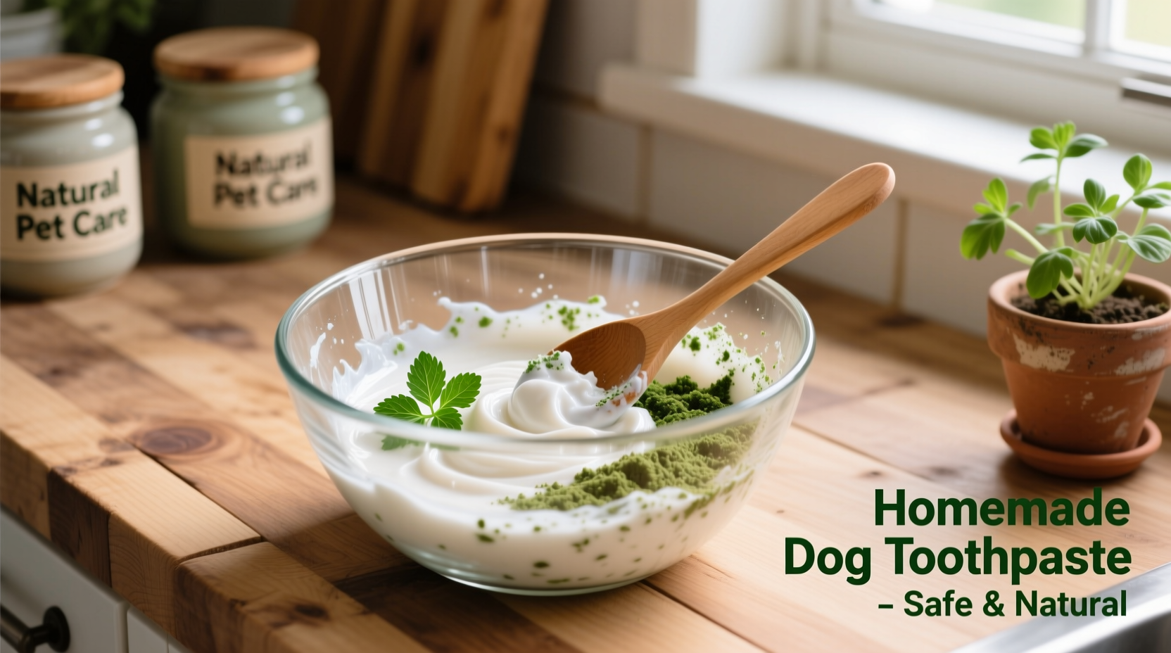 Mixing homemade dog toothpaste in glass bowl