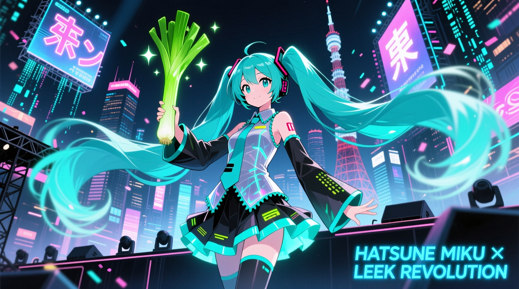 Hatsune Miku holding a leek during concert performance