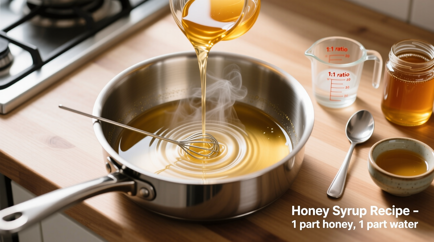 Step-by-step collage: measuring honey, stirring mixture, straining into jar