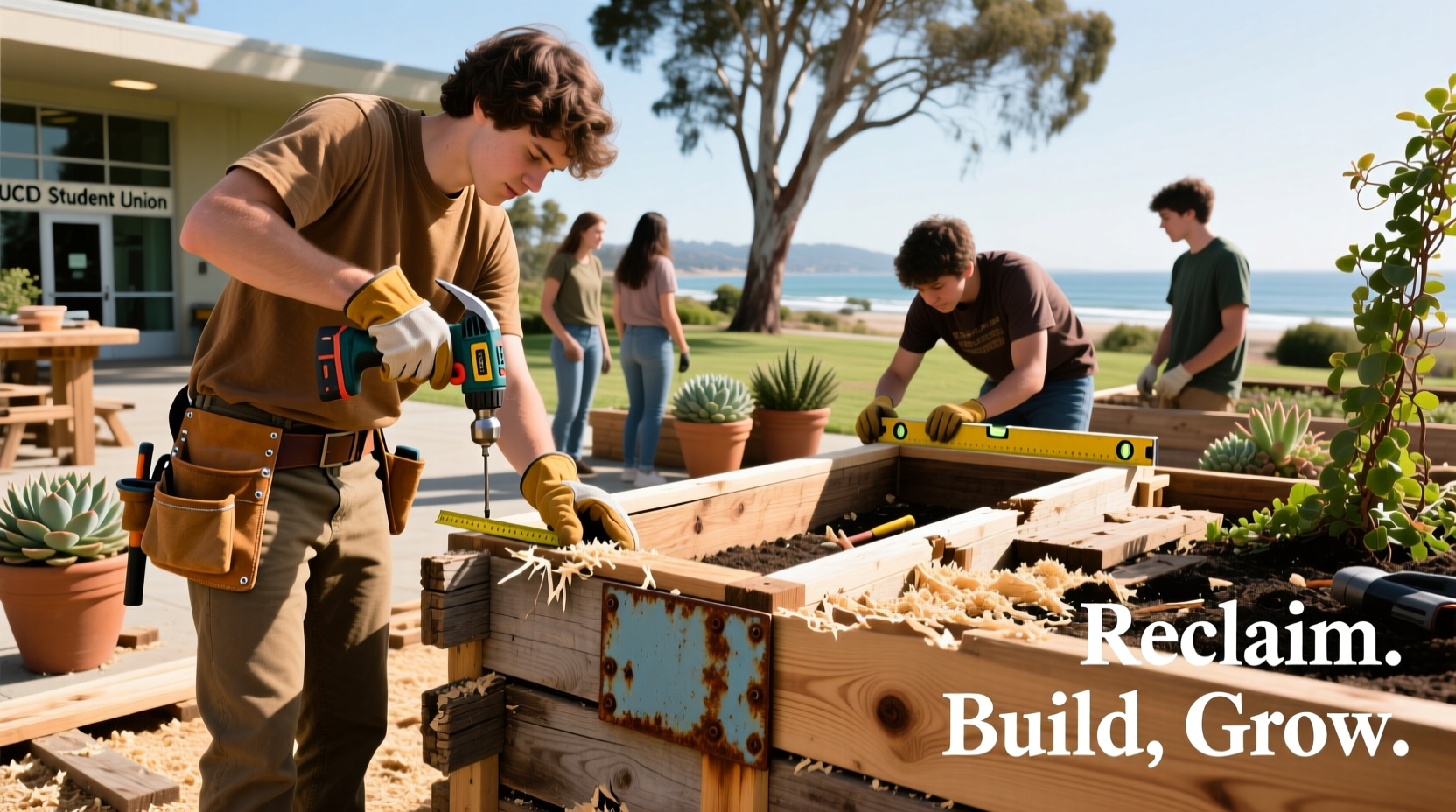 Students building garden planters from recycled wood at UCSD