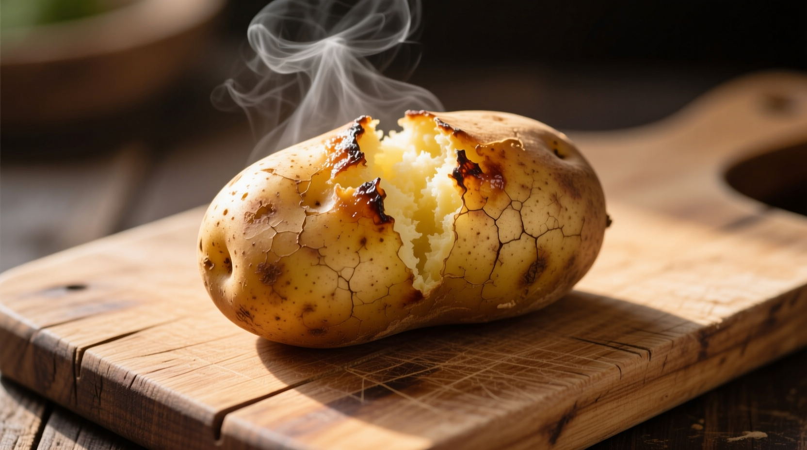 Fresh baked potato with skin on wooden cutting board