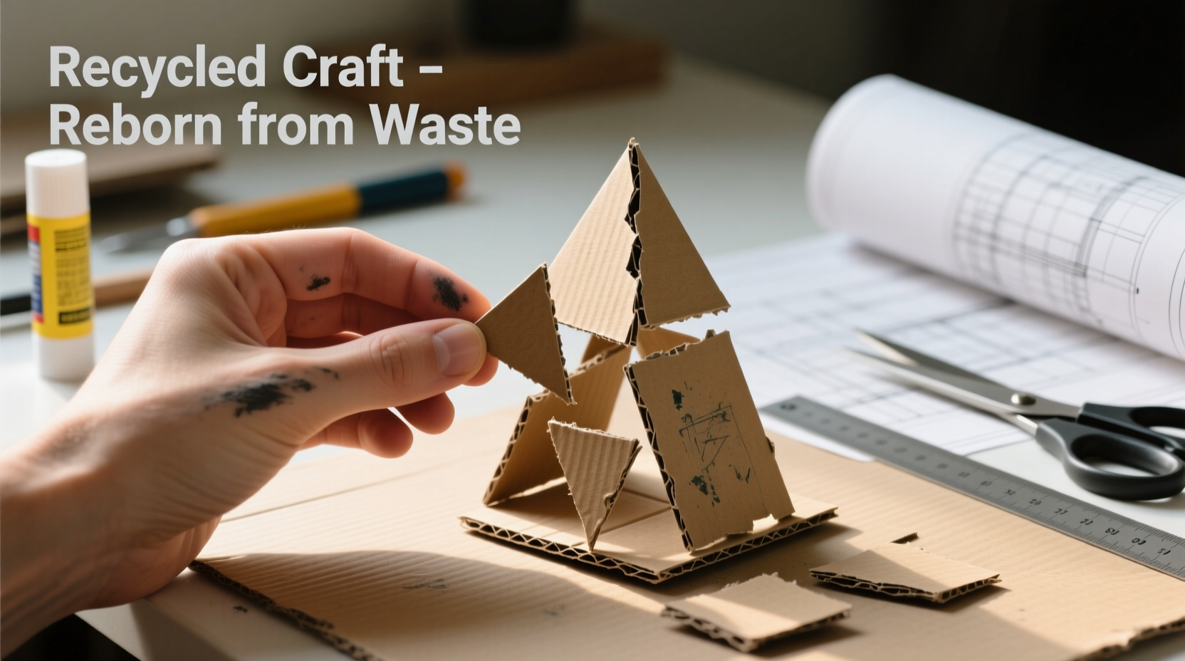 Hand holding recycled cardboard pieces for paper craft structure